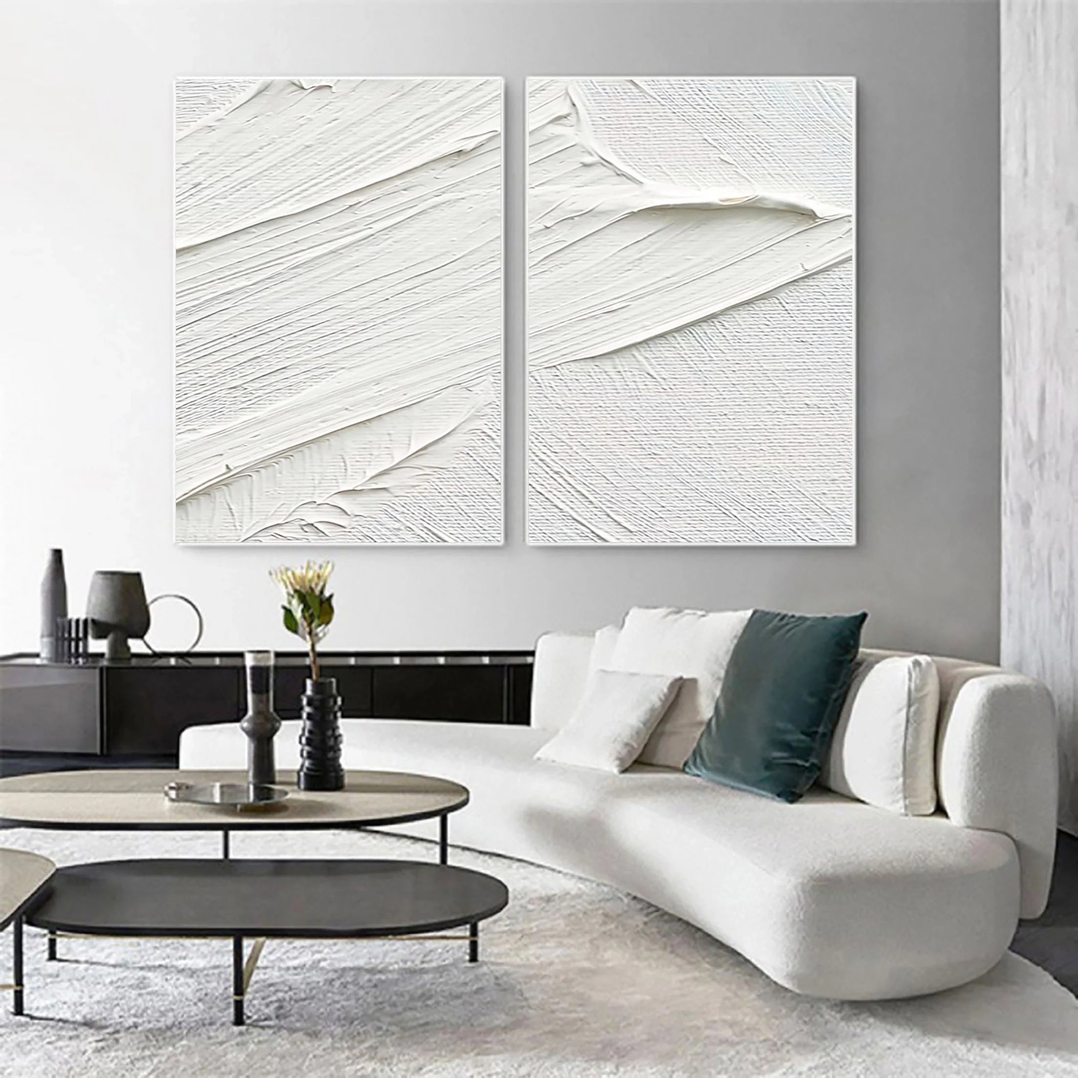 Set of 2 White Plaster Art Textured Painting on Canvas Wall Decor