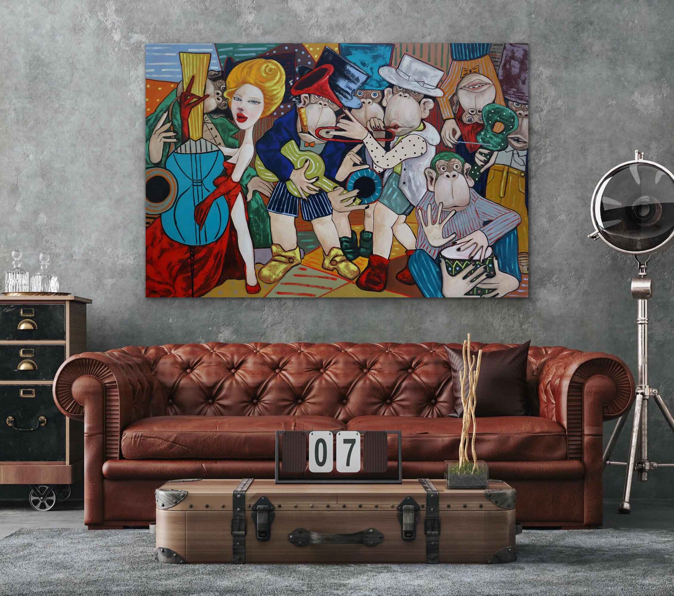 Monkey Music Party Oil Painting Music Room Wall Art Opera House Wall Hanging Monkey Graffiti Canvas Art