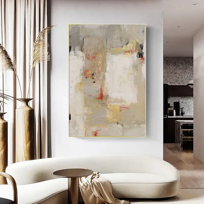 Gold Beige Wabi Sabi Painting Canvas, Large Gray Abstract Wall Art For Bedroom