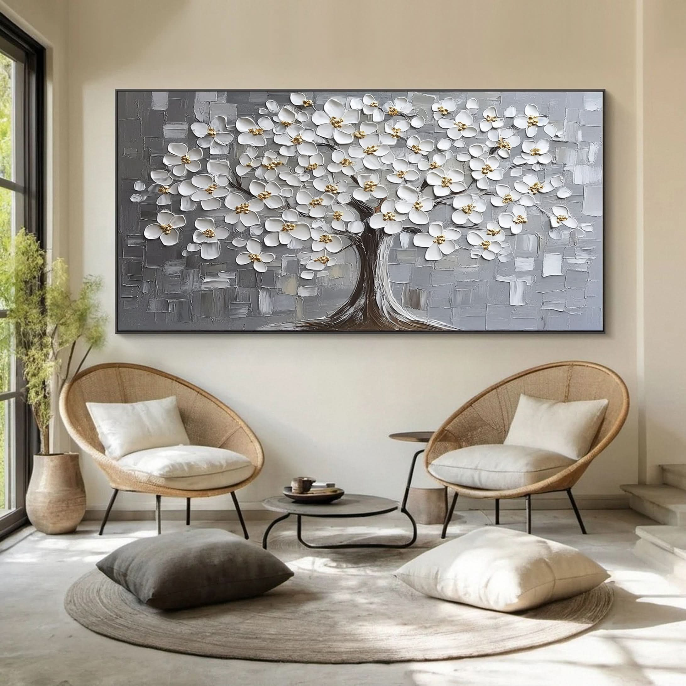 Serene Silver Blossom Tree Artwork - Elegant Living Room Decor #FT 063