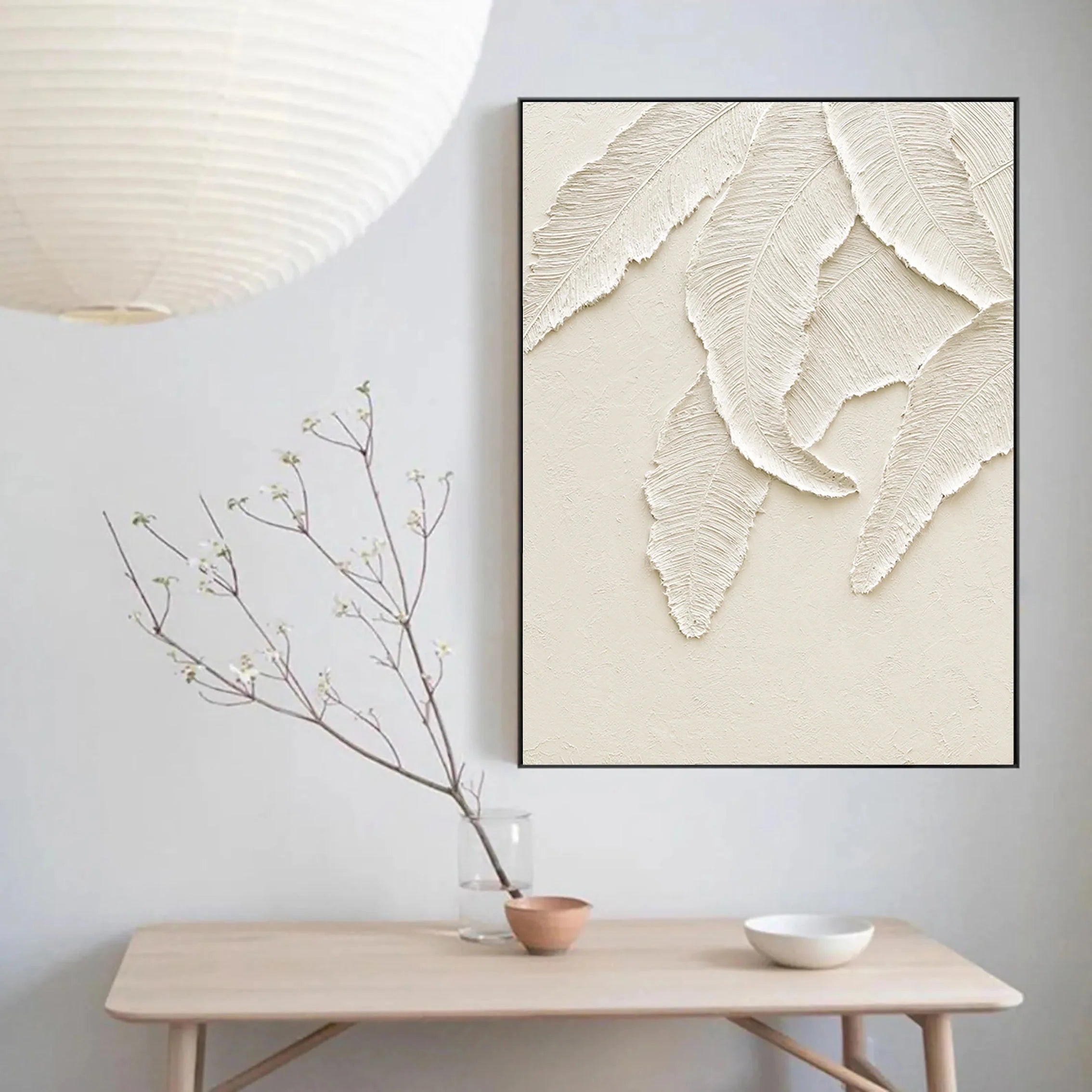 3D Textured Leaves Minimalistic Plaster Art Painting for Bedroom/Living Room