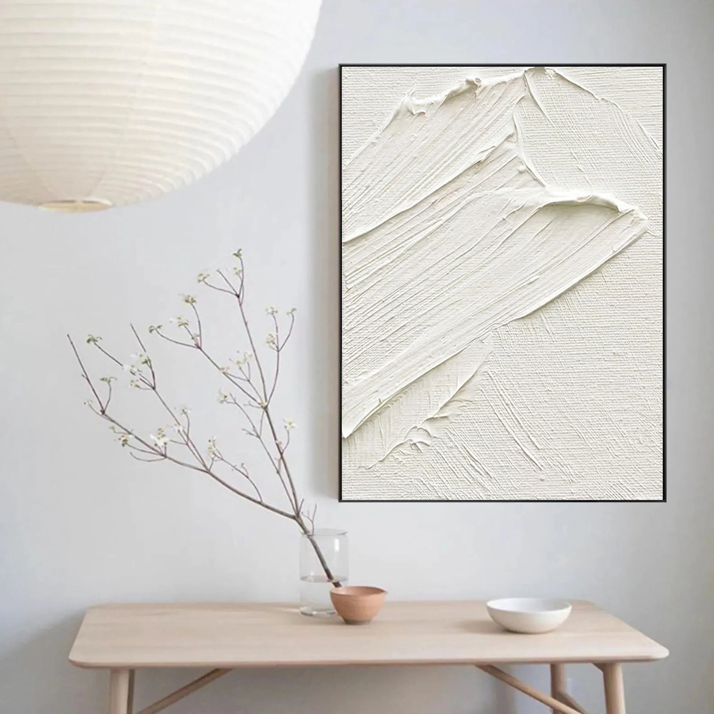 White Sea Slap Plaster Art Painting Minimalistic Balance on Large Canvas