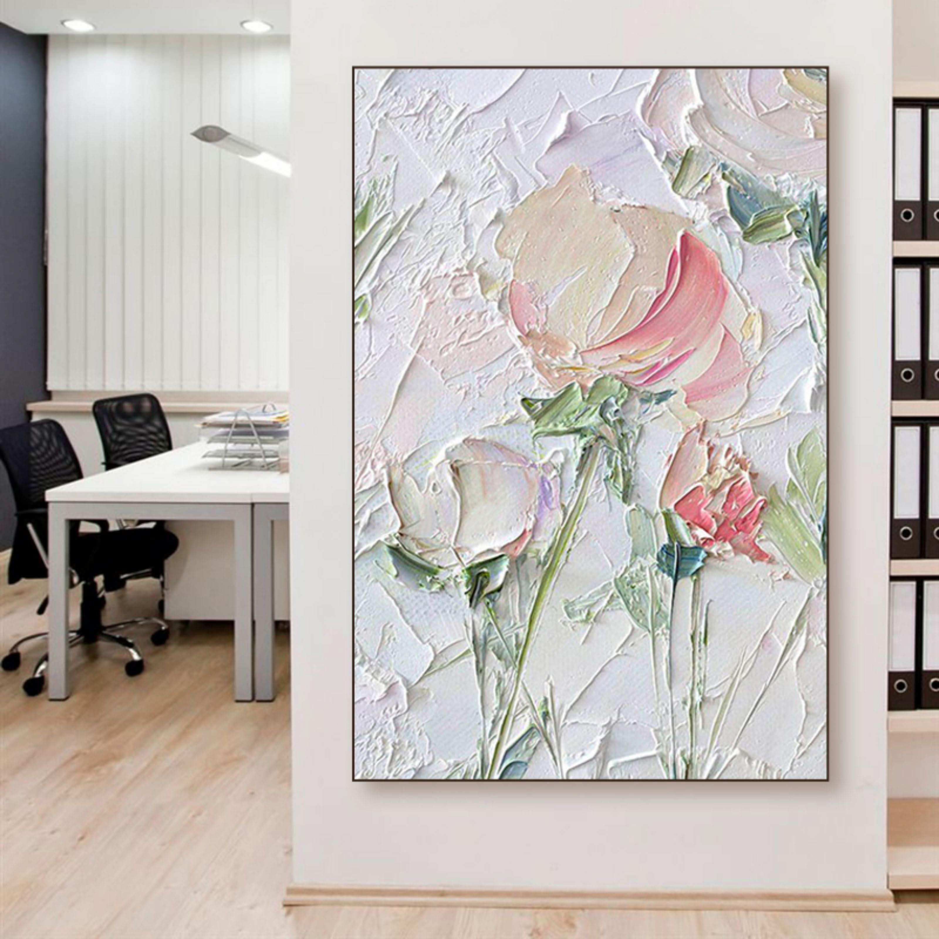 White Flower 3D Textured Acrylic Painting White Flower Plaster Art Contemporary Flower Wall Art