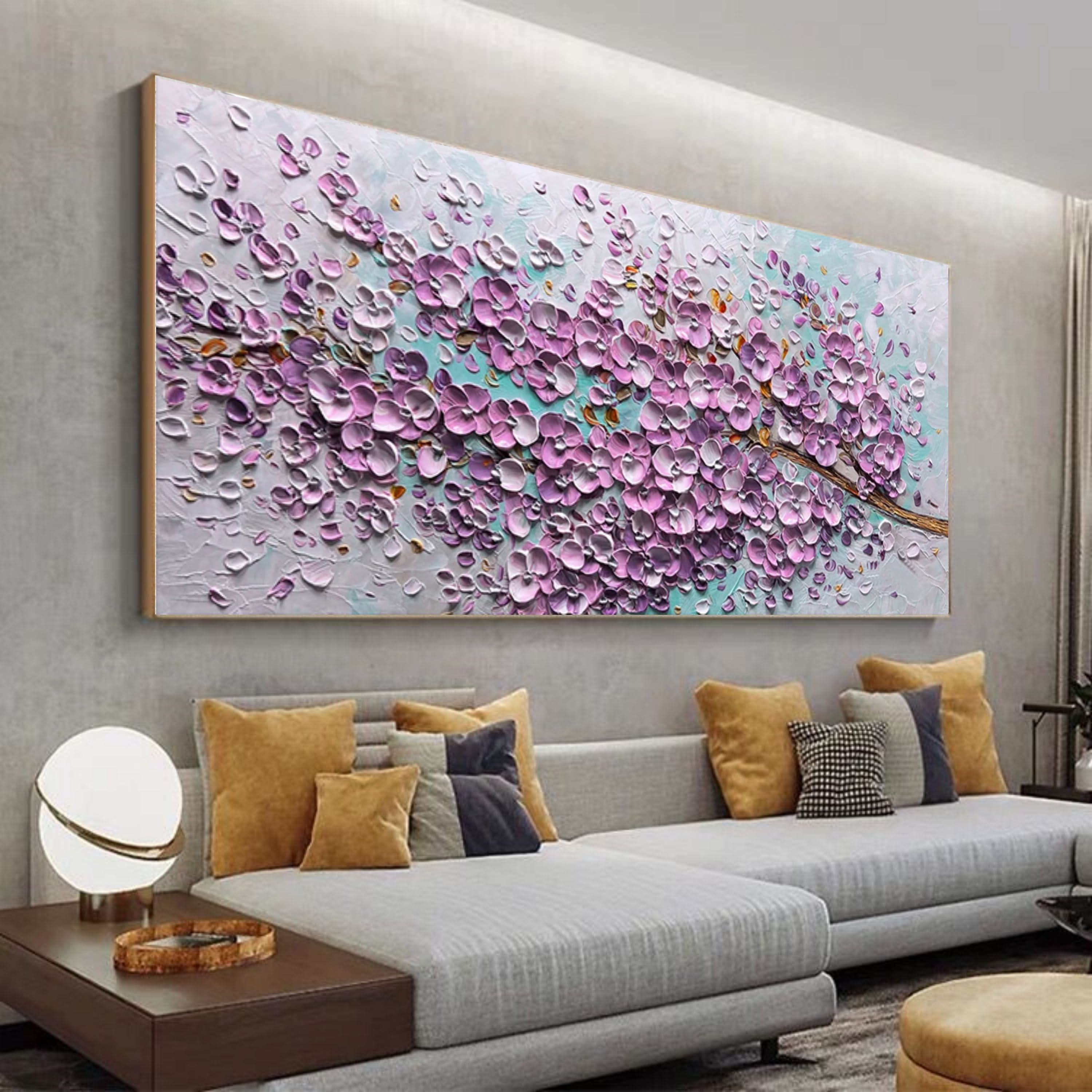 Large Pink 3D Flowers Oil Painting Panoramic Textured Flowers Wall Art Flowers Plaster Art Flowers Canvas Art