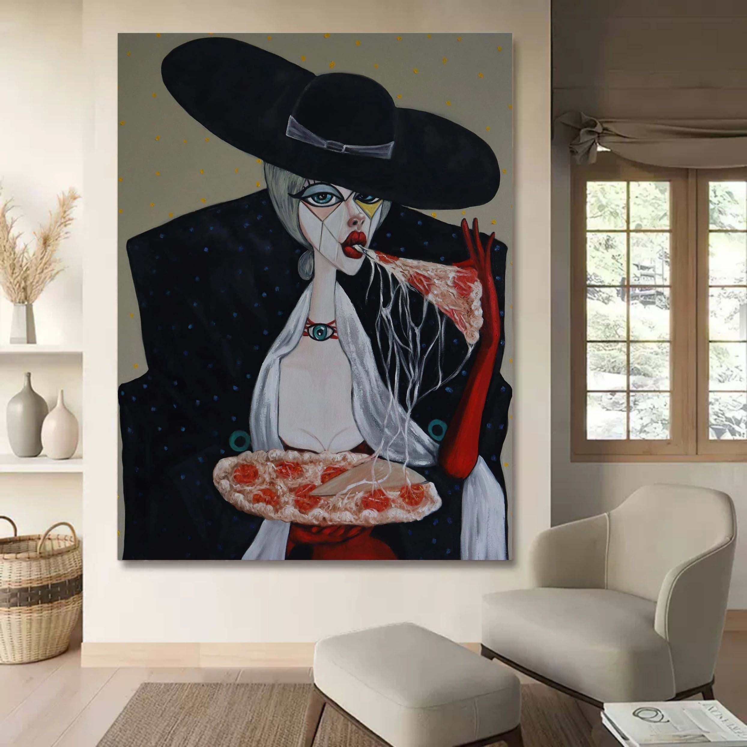 Large Woman Eating Pizza On Canvas Girl Eating Pizza Oil Painting Pop Art Portrait Lady Eating Pizza