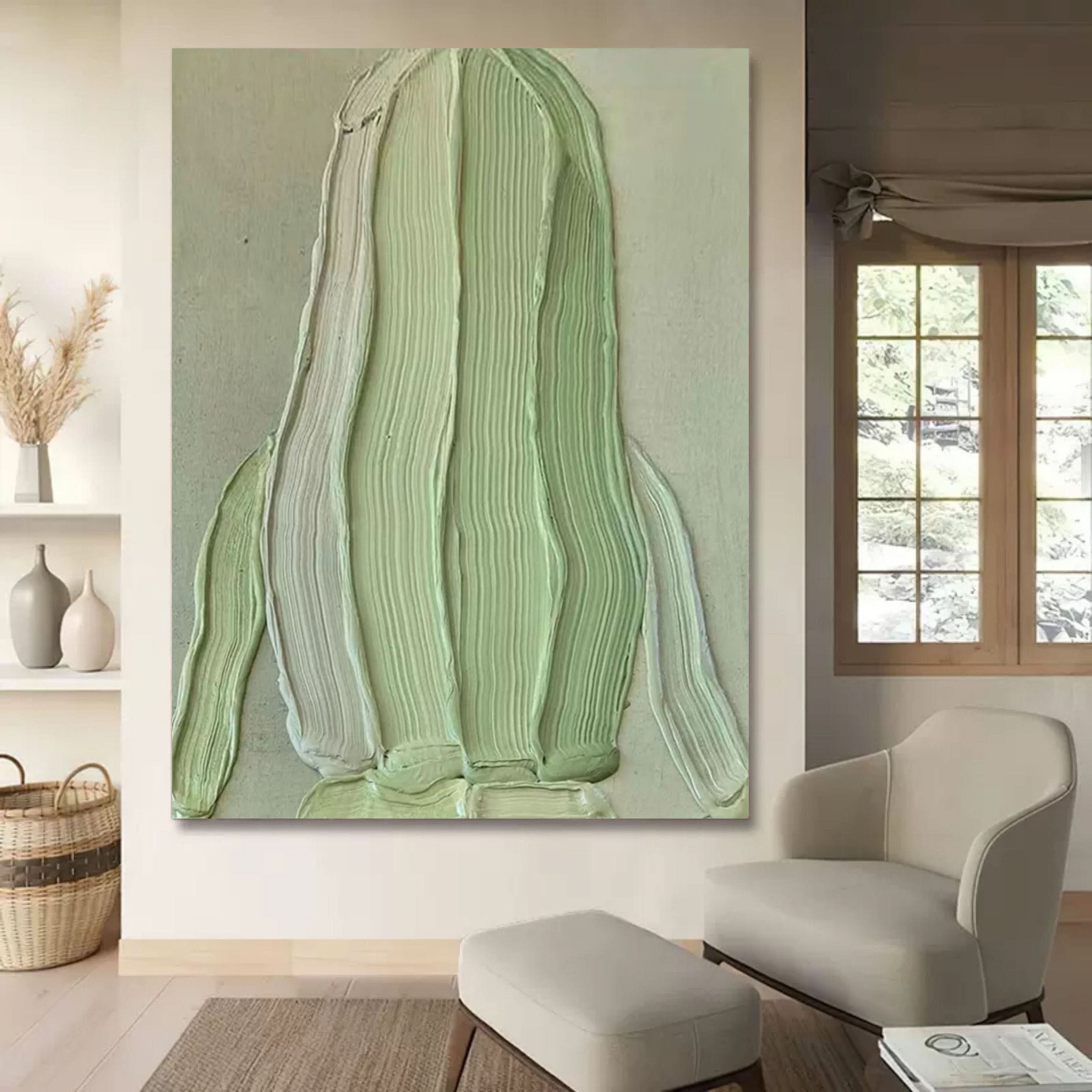 Beautiful girl back view canvas painting 3D plaster wall art Green heavy acrylic texture painting
