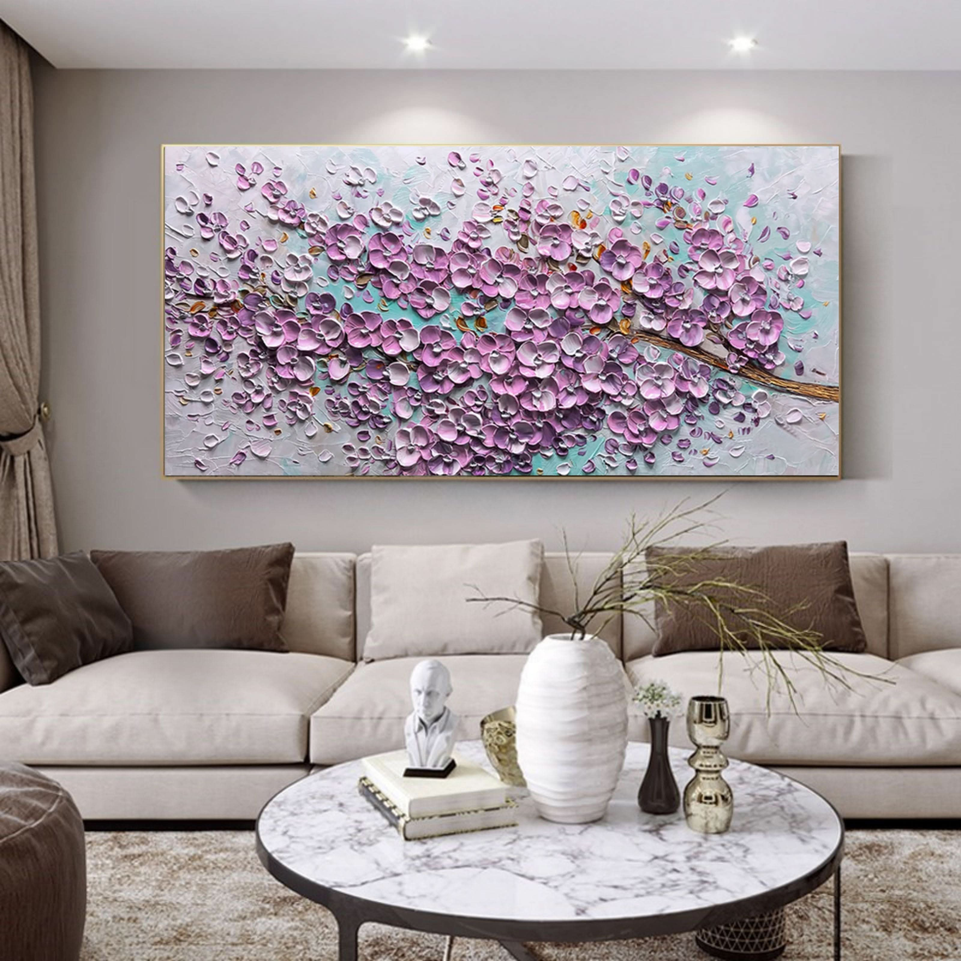 Large Pink 3D Flowers Oil Painting Panoramic Textured Flowers Wall Art Flowers Plaster Art Flowers Canvas Art