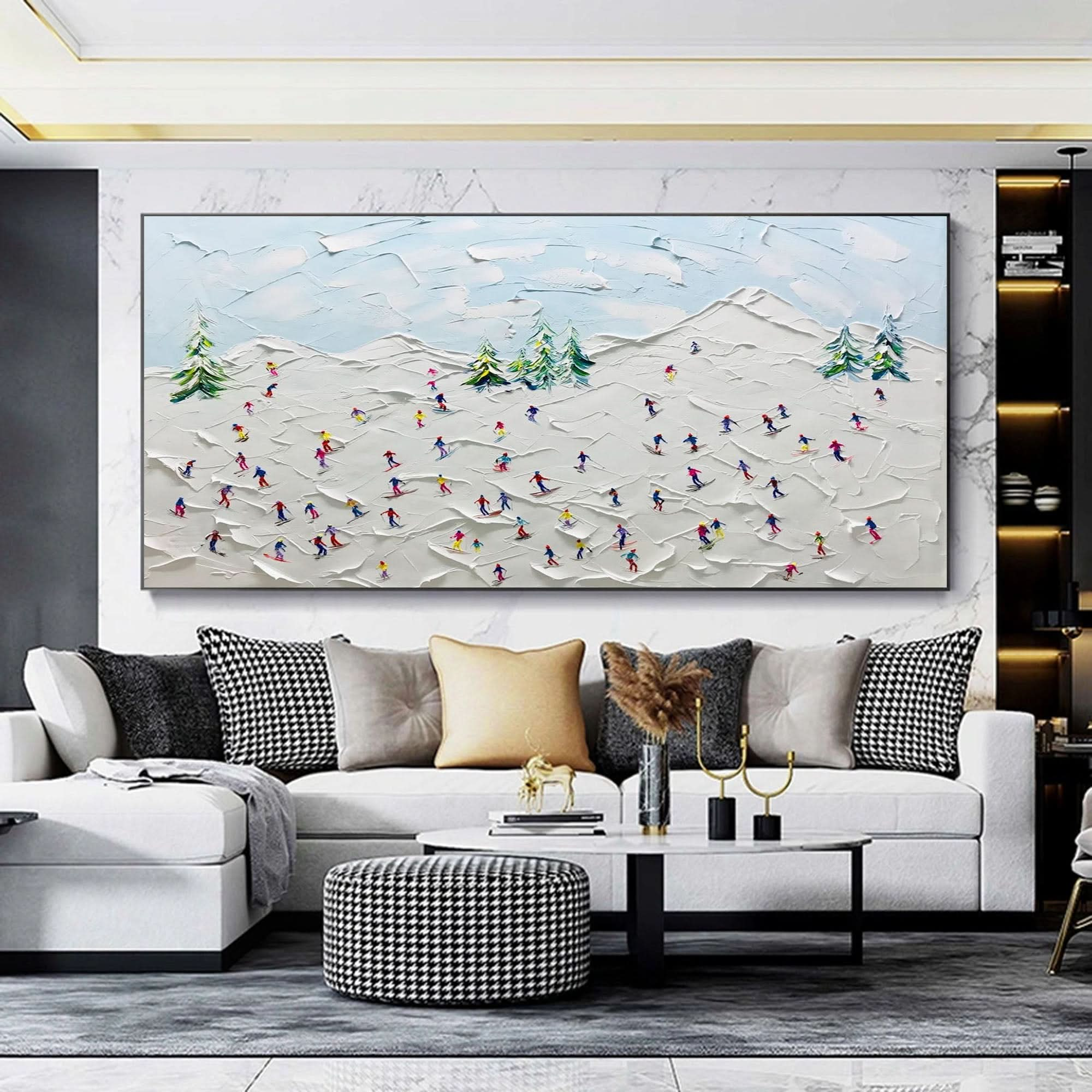 Large Snow Mountain Skier 3D Canvas Painting Snow Mountain Landscape Texture Wall Art Snow Painting