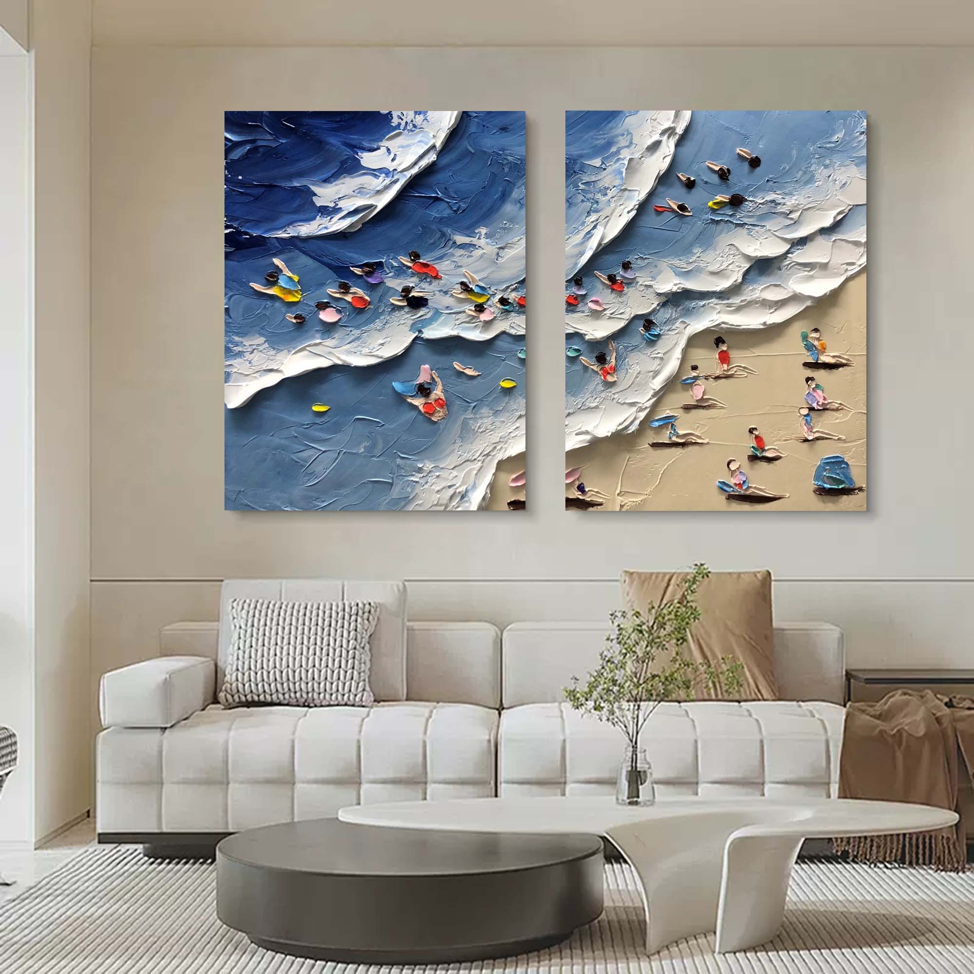 Large Seaside Beach Canvas Oil Painting Set of 2 Wave Beach Texture Wall Paintings For Sale