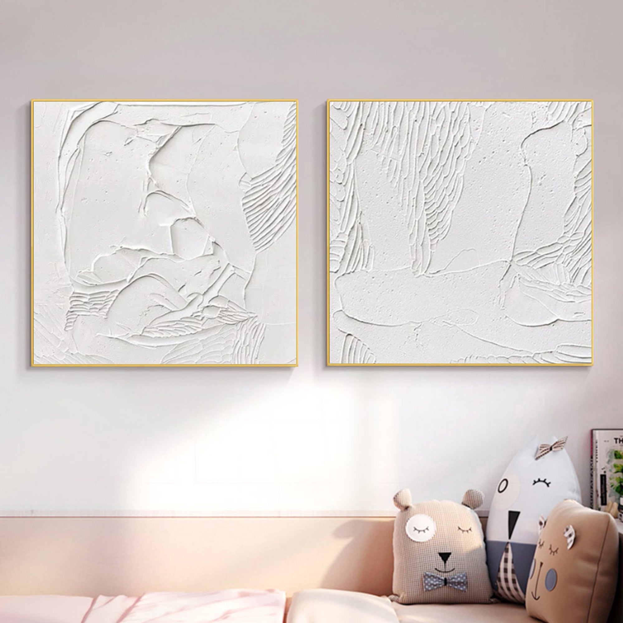 White 3D Minimalist Abstract Art Set of 2 White 3D Plaster Wall Art Set of 2 White Textured Wall Painting Set of 2