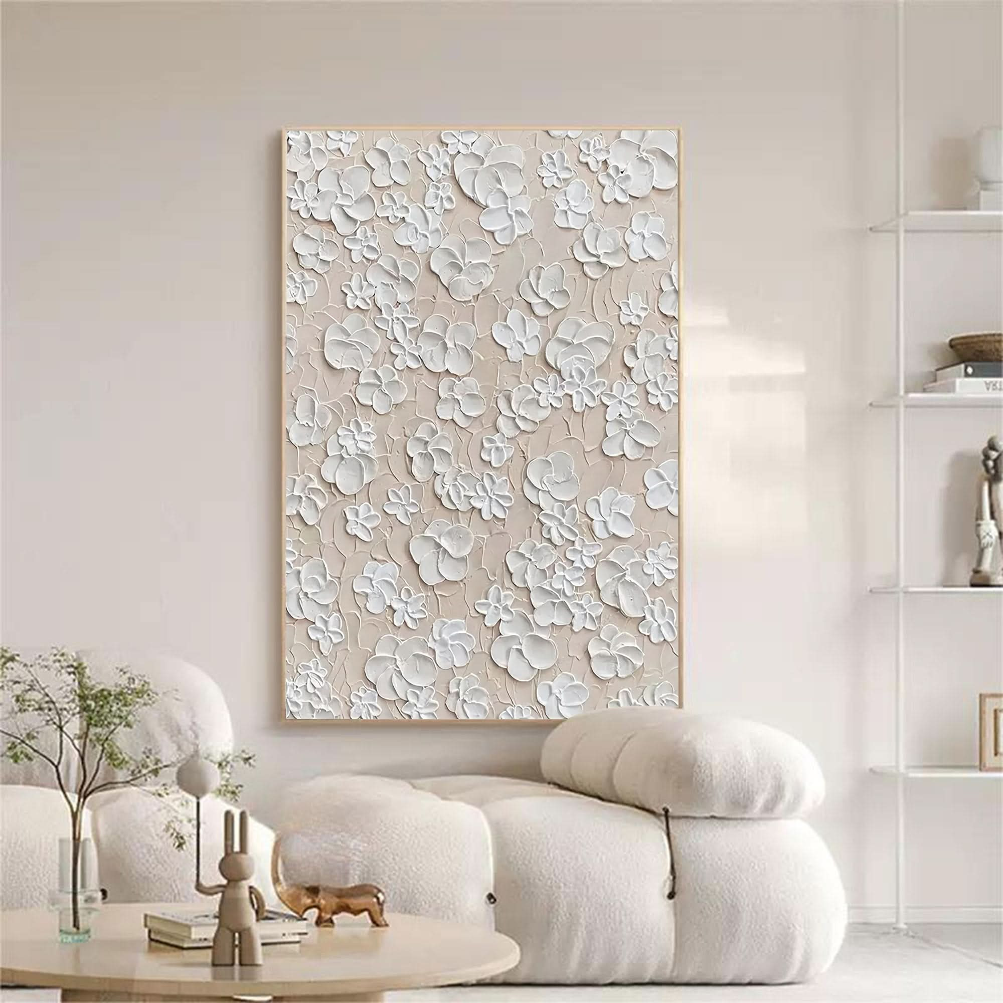 White Flower 3D Plaster Art 3D Flower Textured Acrylic Painting White Flower Plaster Wall Art