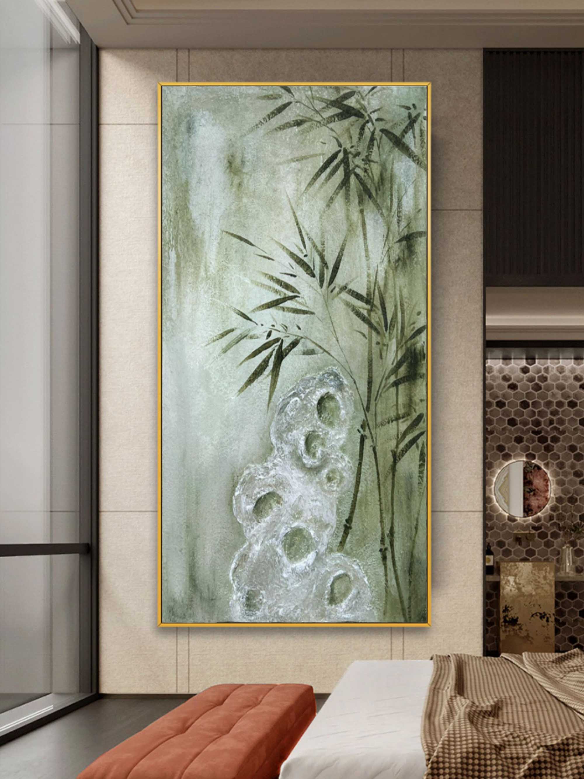 Large Green Bamboo Painting on Canvas Wabi-Sabi Wall Art Wabi-Sabi Wall Decor Bamboo Oil Painting