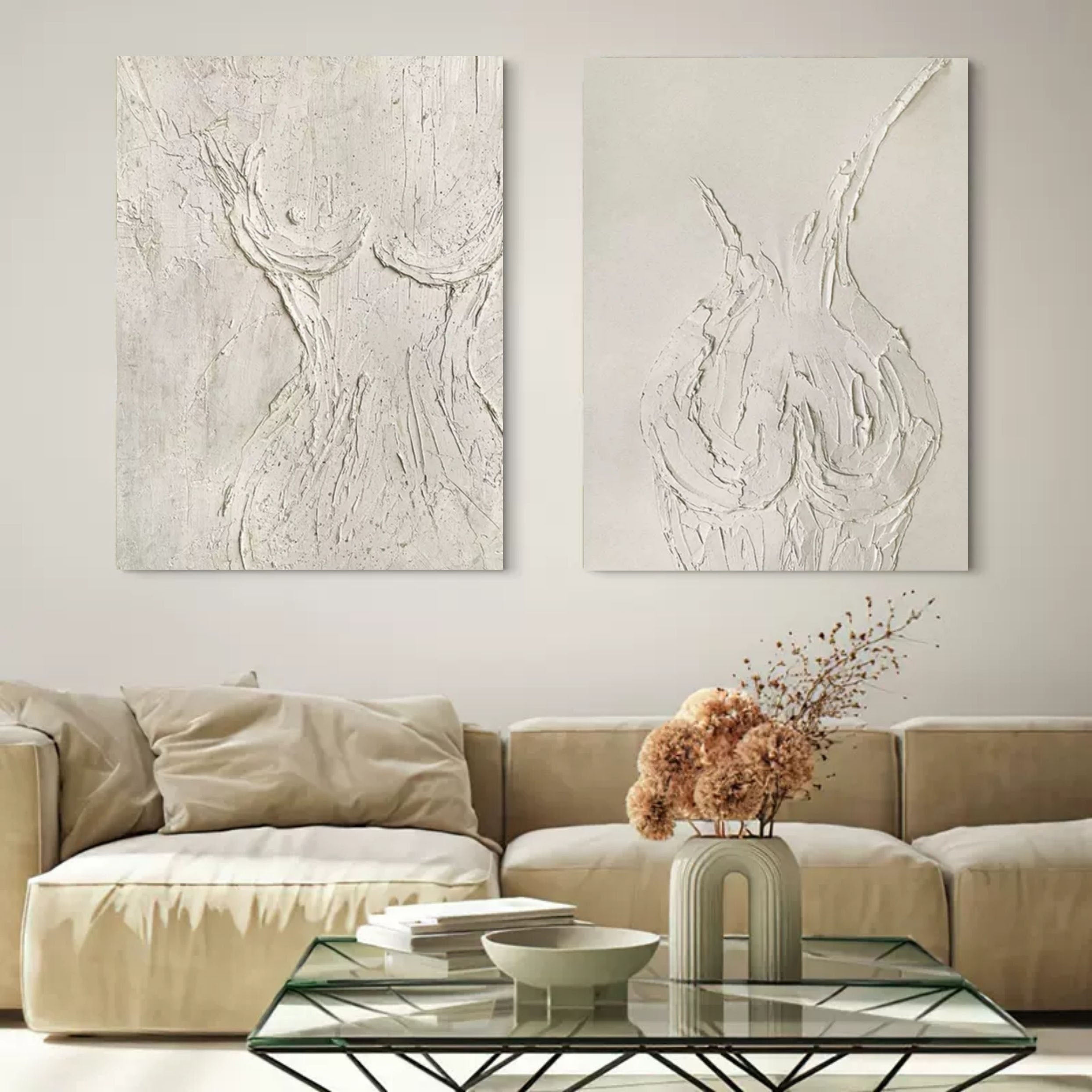 Beige 3D Minimalist Abstract Canvas Art Set of 2 Plaster Wall Art Set of 2 Textured Wall Painting