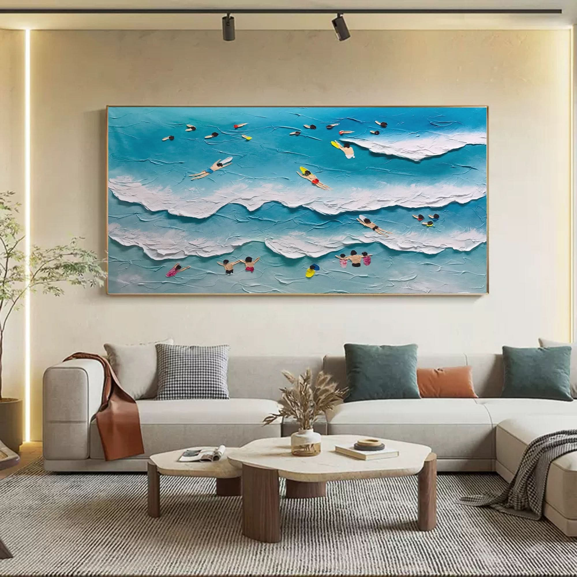 Large Blue Sea 3D Painting Seaside Swimming 3D Landscape Art on Canvas Blue Sea Texture Wall Art