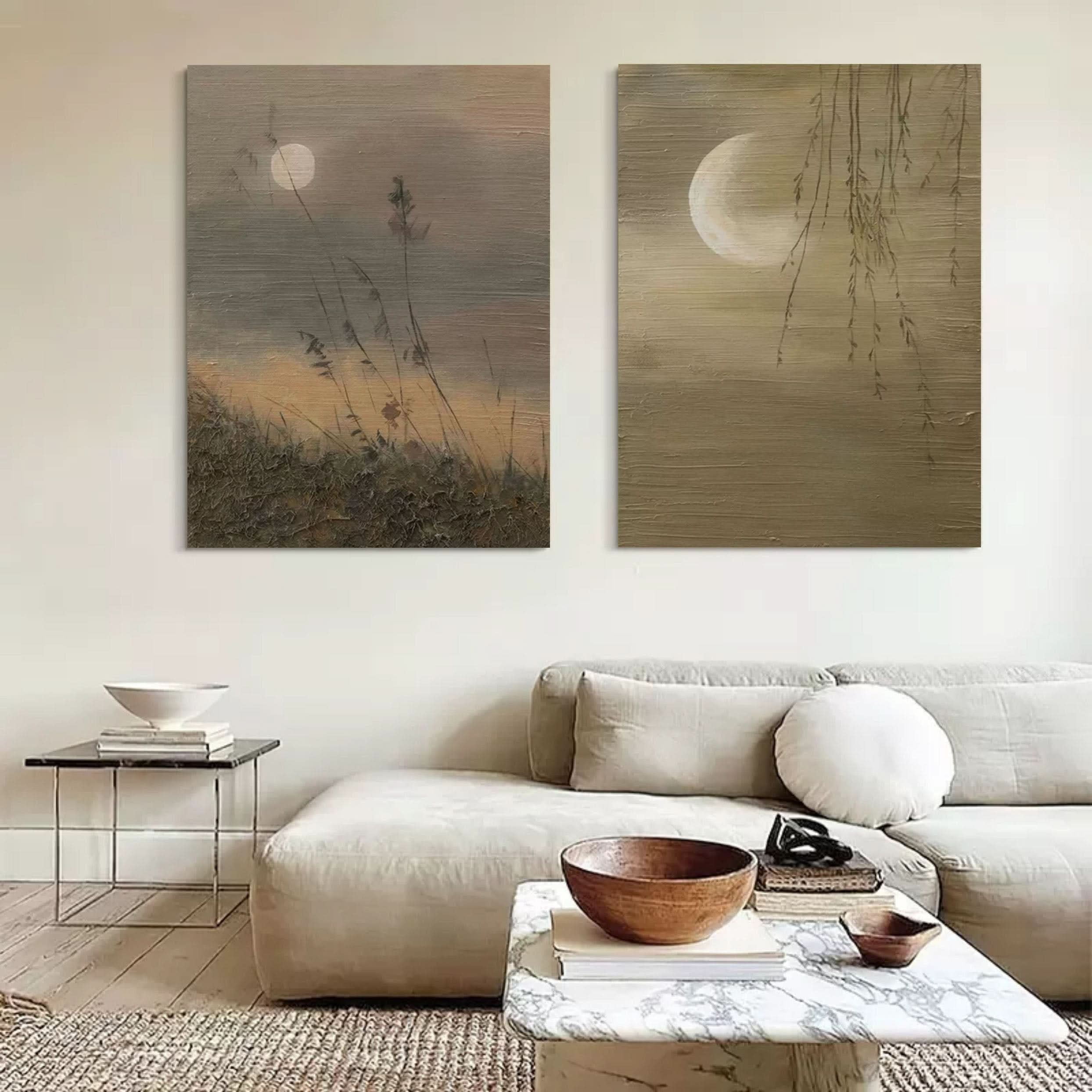 Moon Oil Painting Set of 2 Moon Landscape Art Canvas Set of 2 Wabi Sabi Painting Textured Wall Art