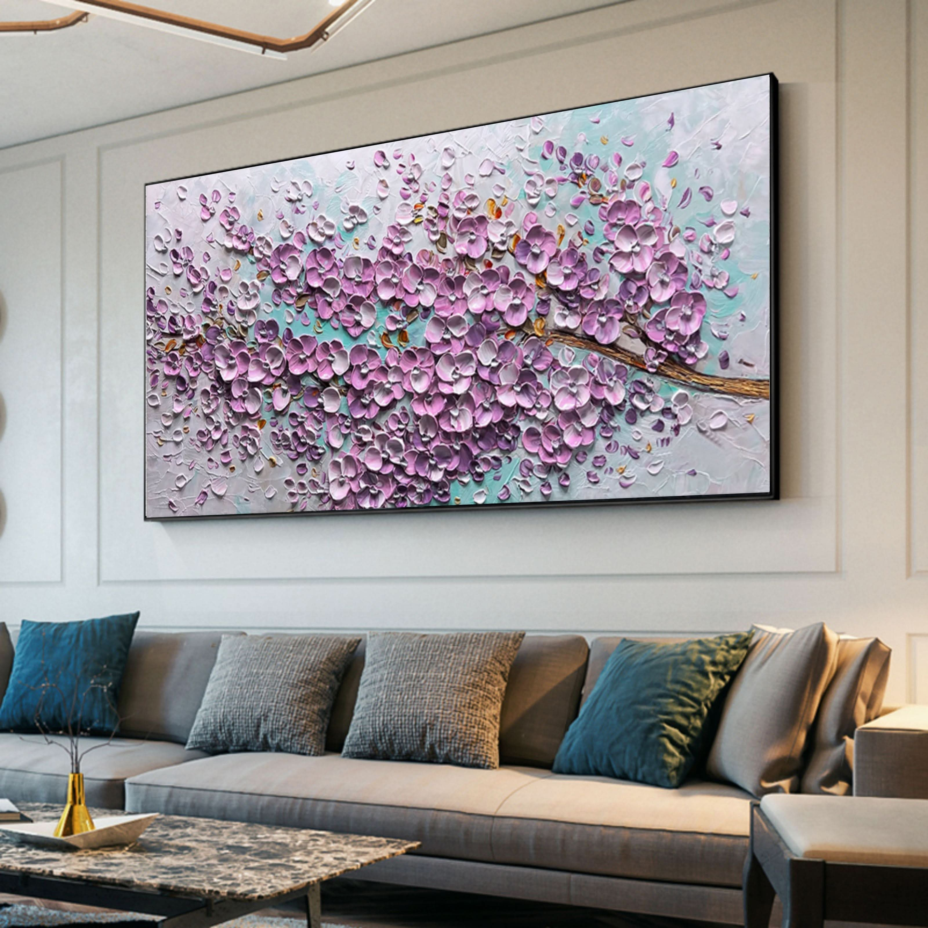 Large Pink 3D Flowers Oil Painting Panoramic Textured Flowers Wall Art Flowers Plaster Art Flowers Canvas Art