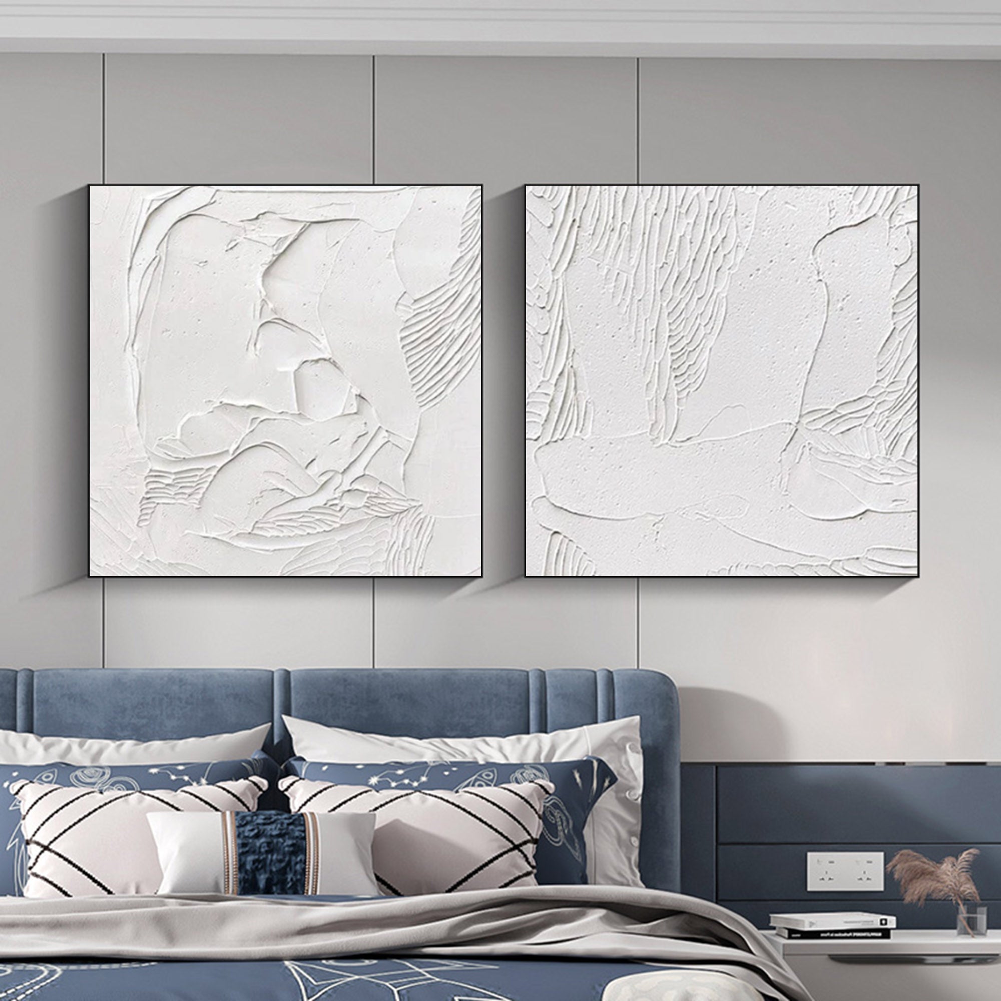 White 3D Minimalist Abstract Art Set of 2 White 3D Plaster Wall Art Set of 2 White Textured Wall Painting Set of 2