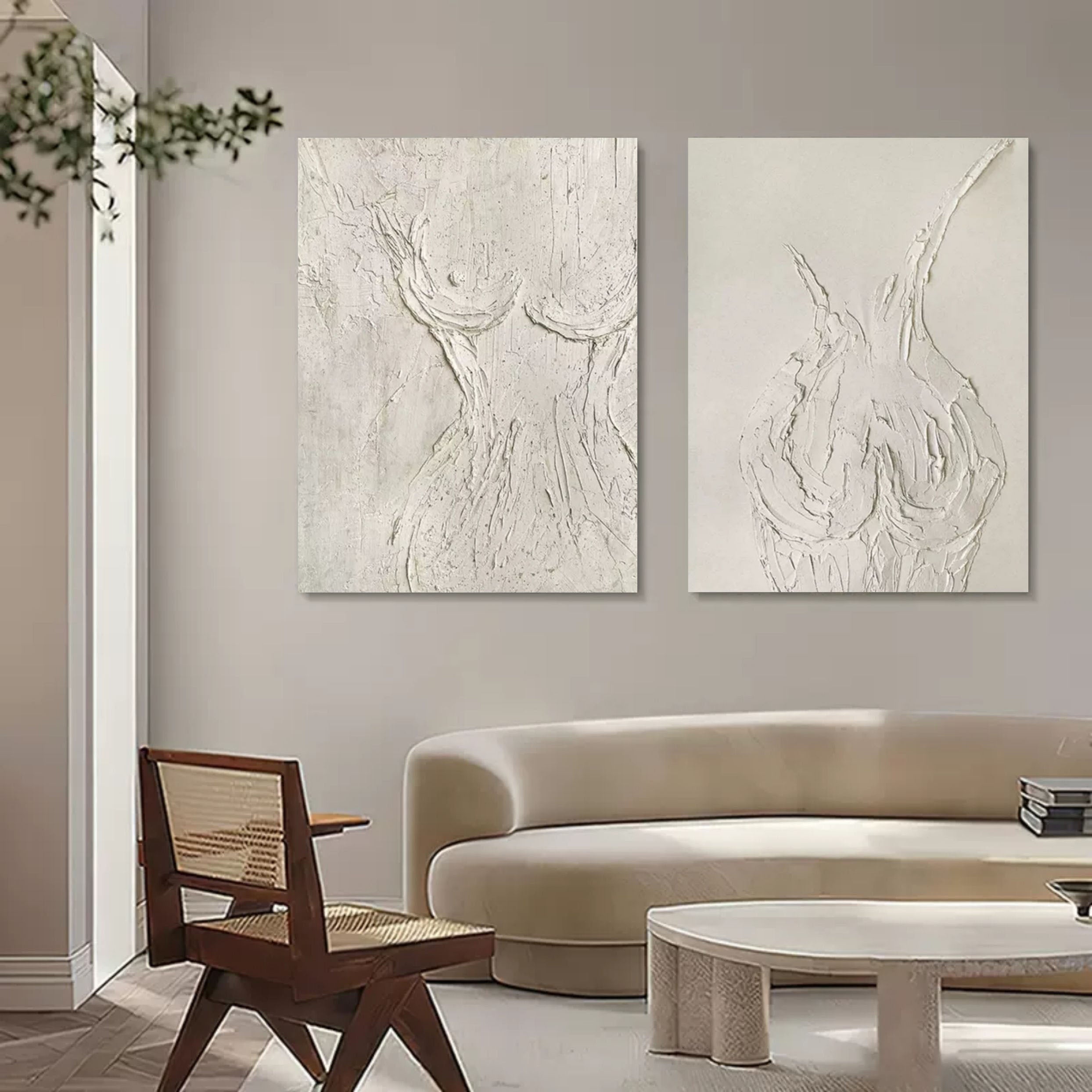 Beige 3D Minimalist Abstract Canvas Art Set of 2 Plaster Wall Art Set of 2 Textured Wall Painting