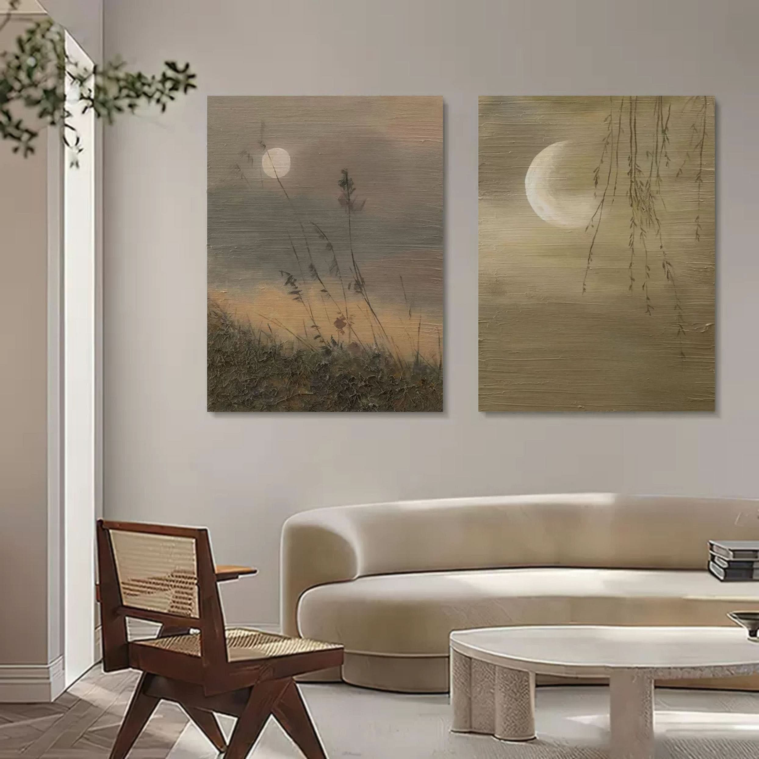 Moon Oil Painting Set of 2 Moon Landscape Art Canvas Set of 2 Wabi Sabi Painting Textured Wall Art