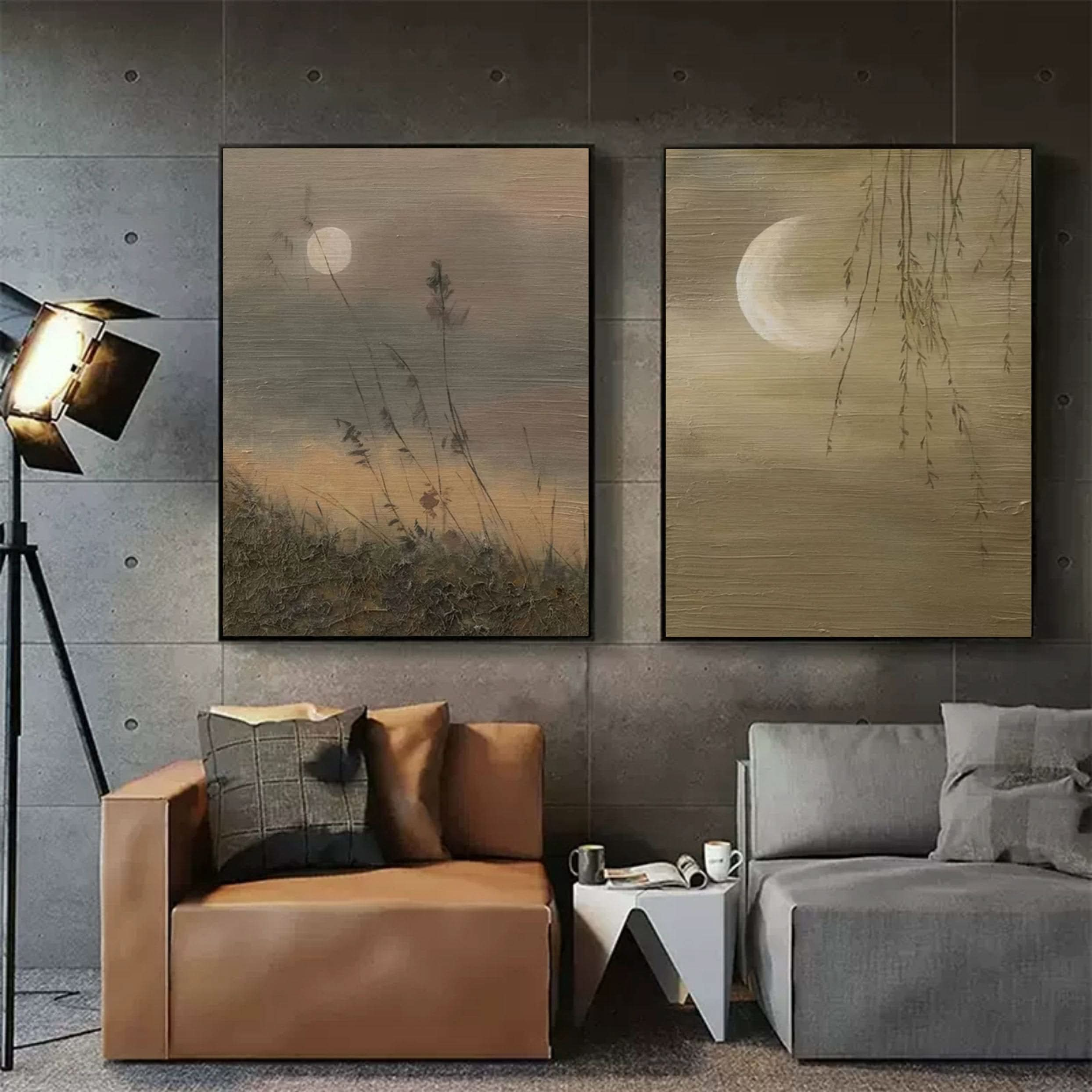 Moon Oil Painting Set of 2 Moon Landscape Art Canvas Set of 2 Wabi Sabi Painting Textured Wall Art