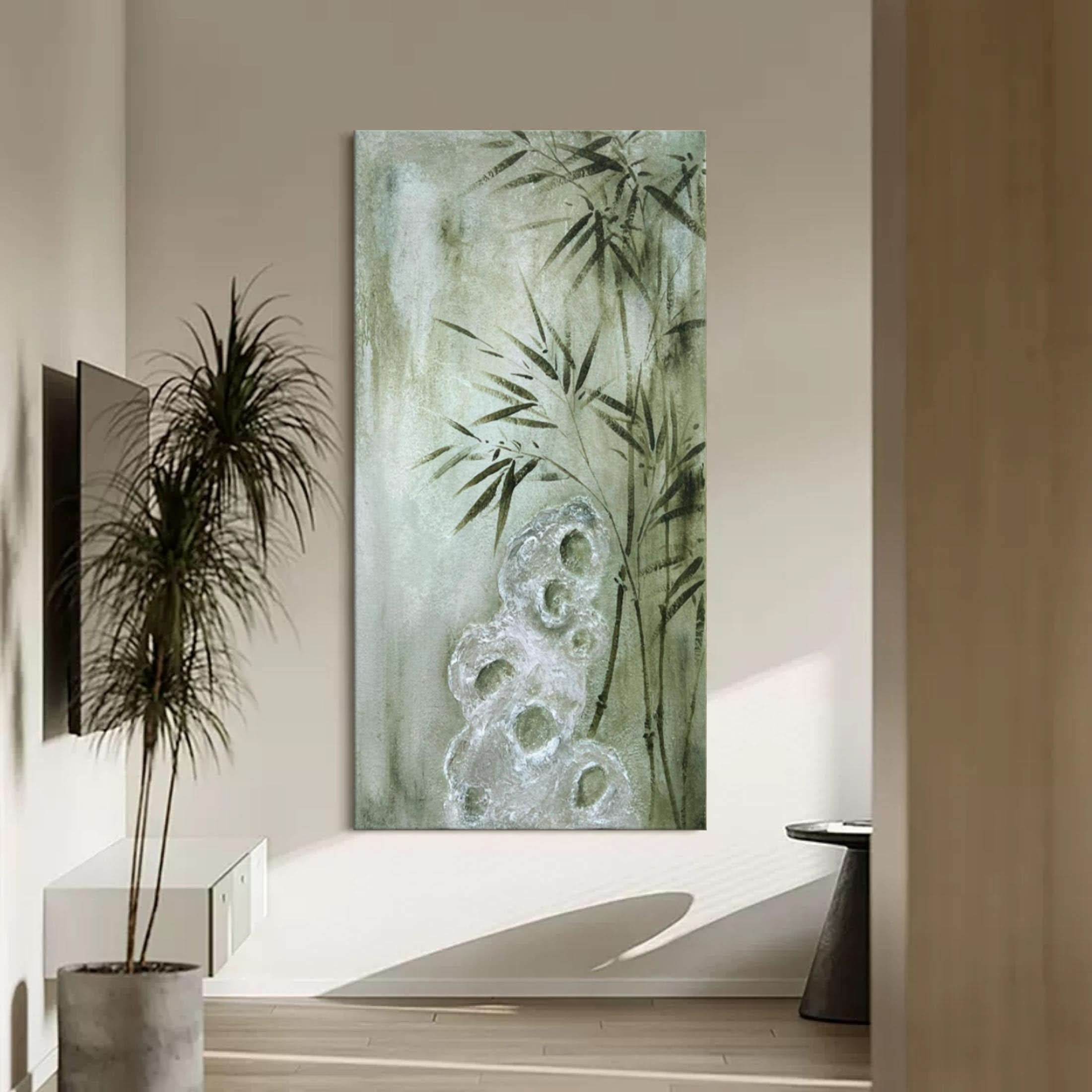 Large Green Bamboo Painting on Canvas Wabi-Sabi Wall Art Wabi-Sabi Wall Decor Bamboo Oil Painting