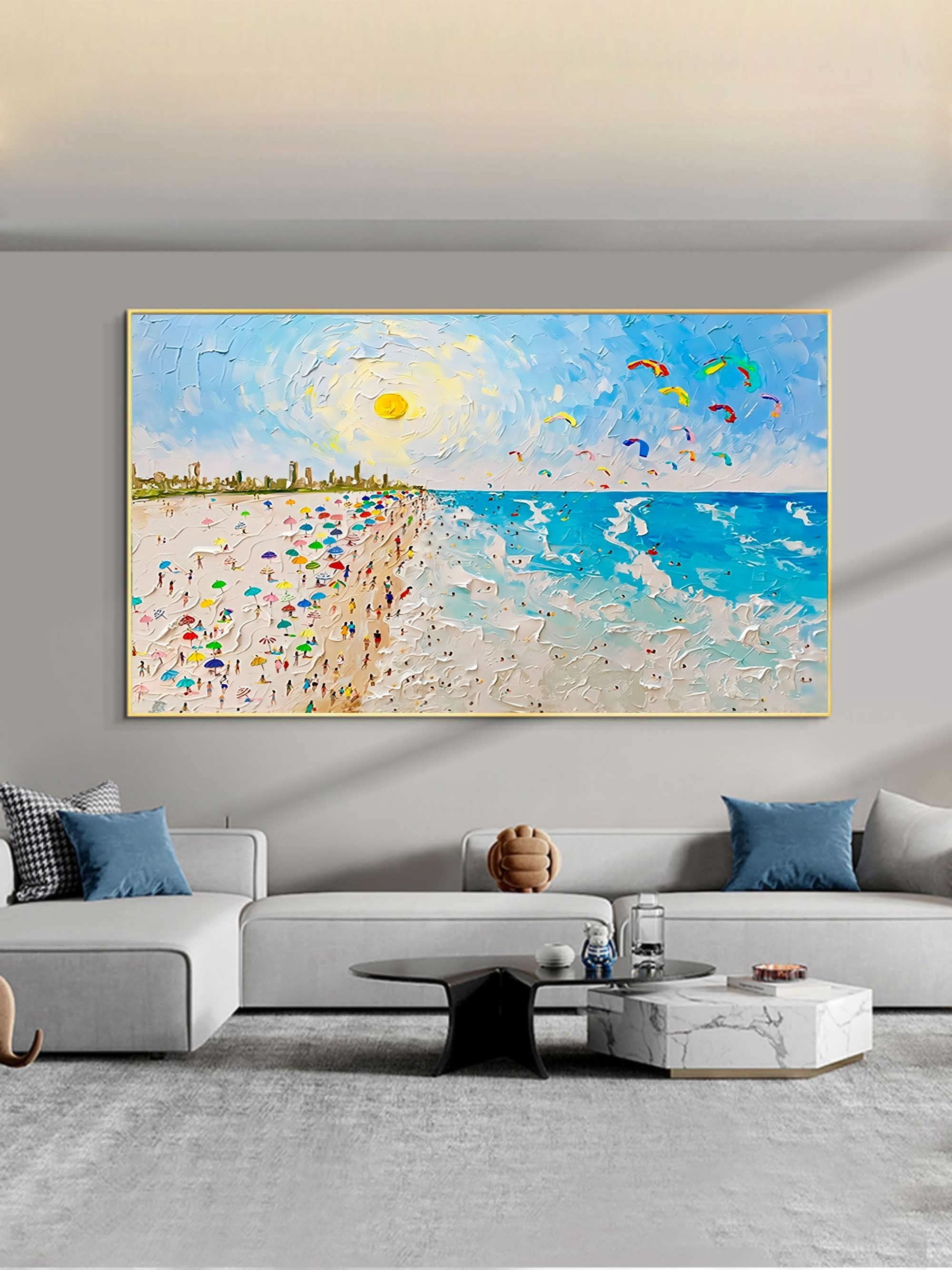 Sun Sea Waves Beach Oil Painting Textured Canvas Art Palette Knife Wall Art Summer Painting For Sale