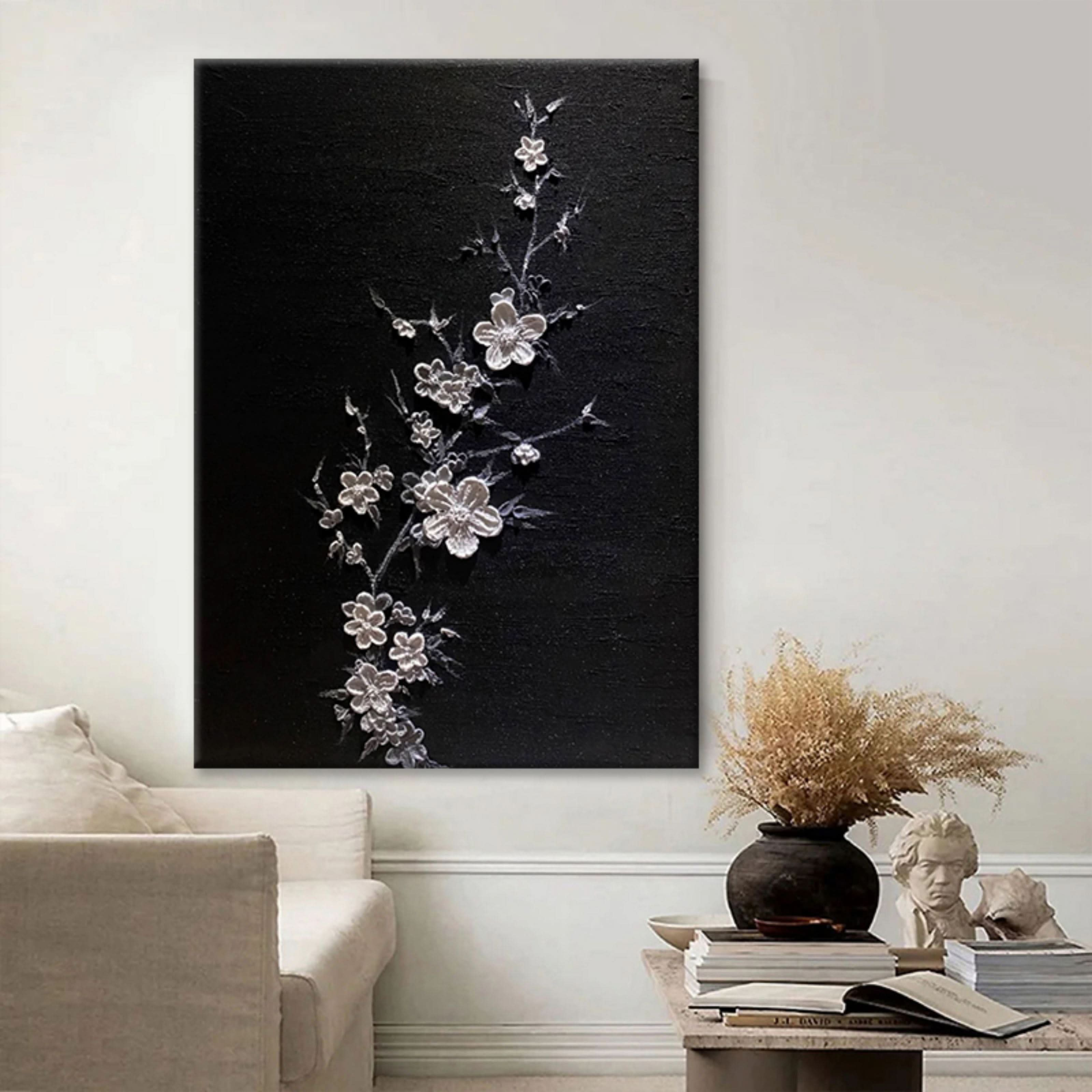 White 3D Flower Oil Painting Flower Textured Acrylic Wall Art Flower Plaster Art Minimalist Flower Painting