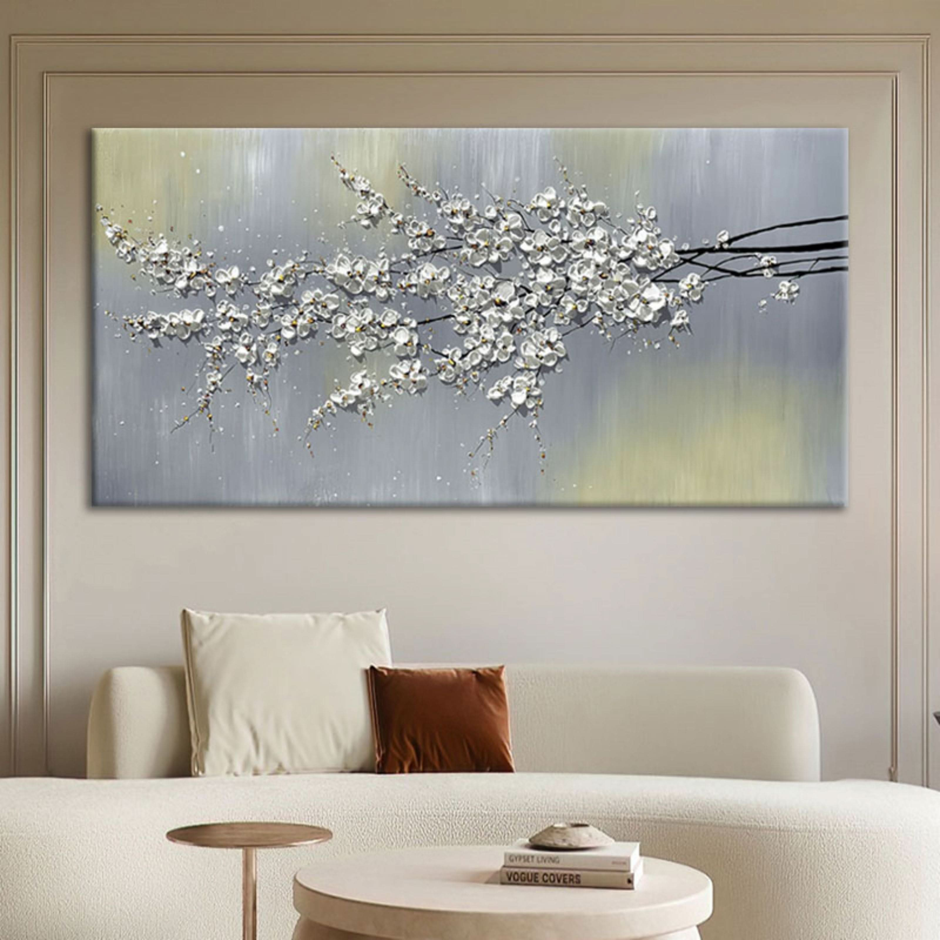 Large White 3D Flowers Painting Panoramic White Flowers Wall Art Flowers Textured Acrylic Painting Flowers Plaster Art