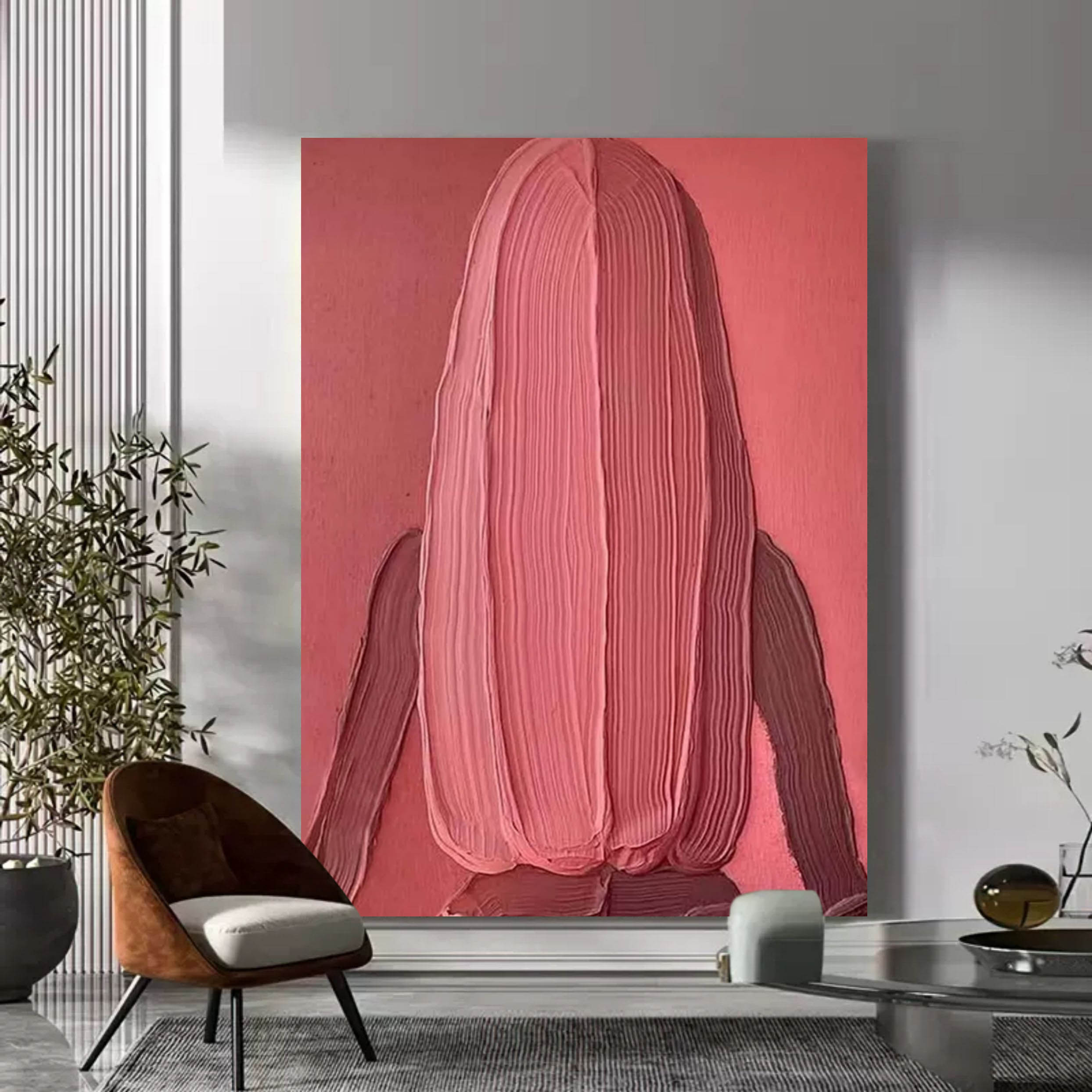 Beautiful girl back view canvas painting 3D plaster art Burgundy heavy acrylic texture painting