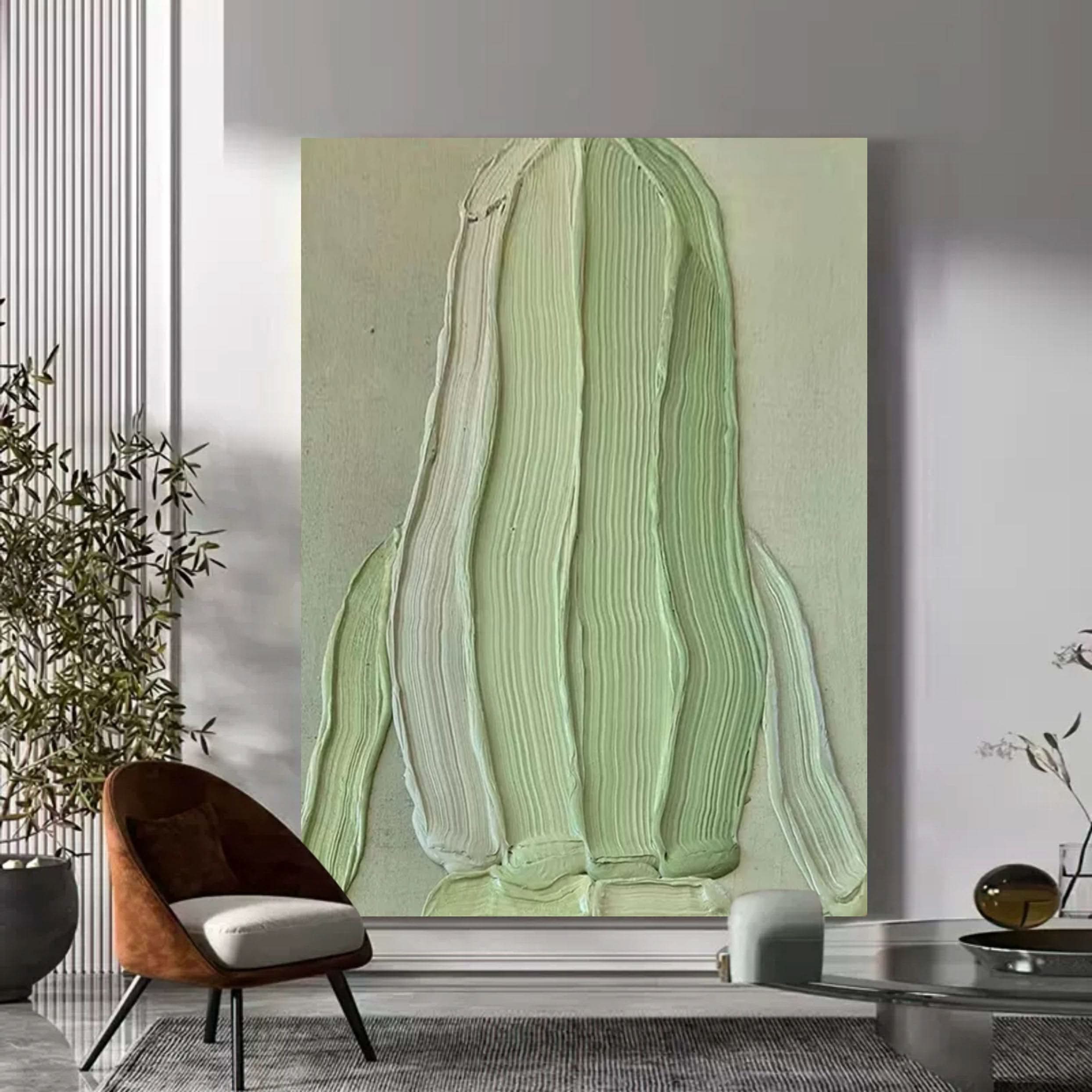 Beautiful girl back view canvas painting 3D plaster wall art Green heavy acrylic texture painting