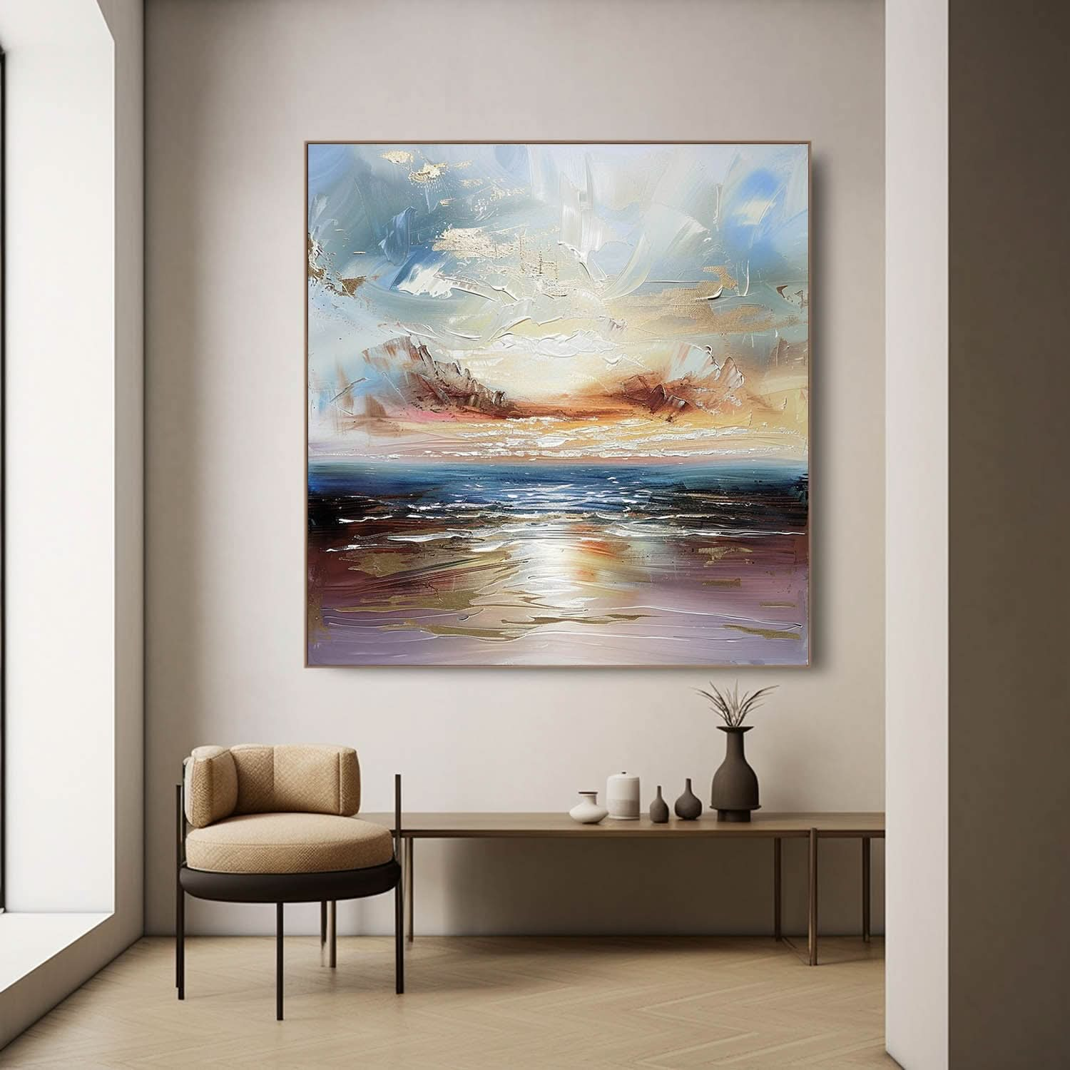 Sea Sunrise Landscape Art For Sale Blue and Gold Sea Sunrise Landscape Abstract Canvas Wall Painting