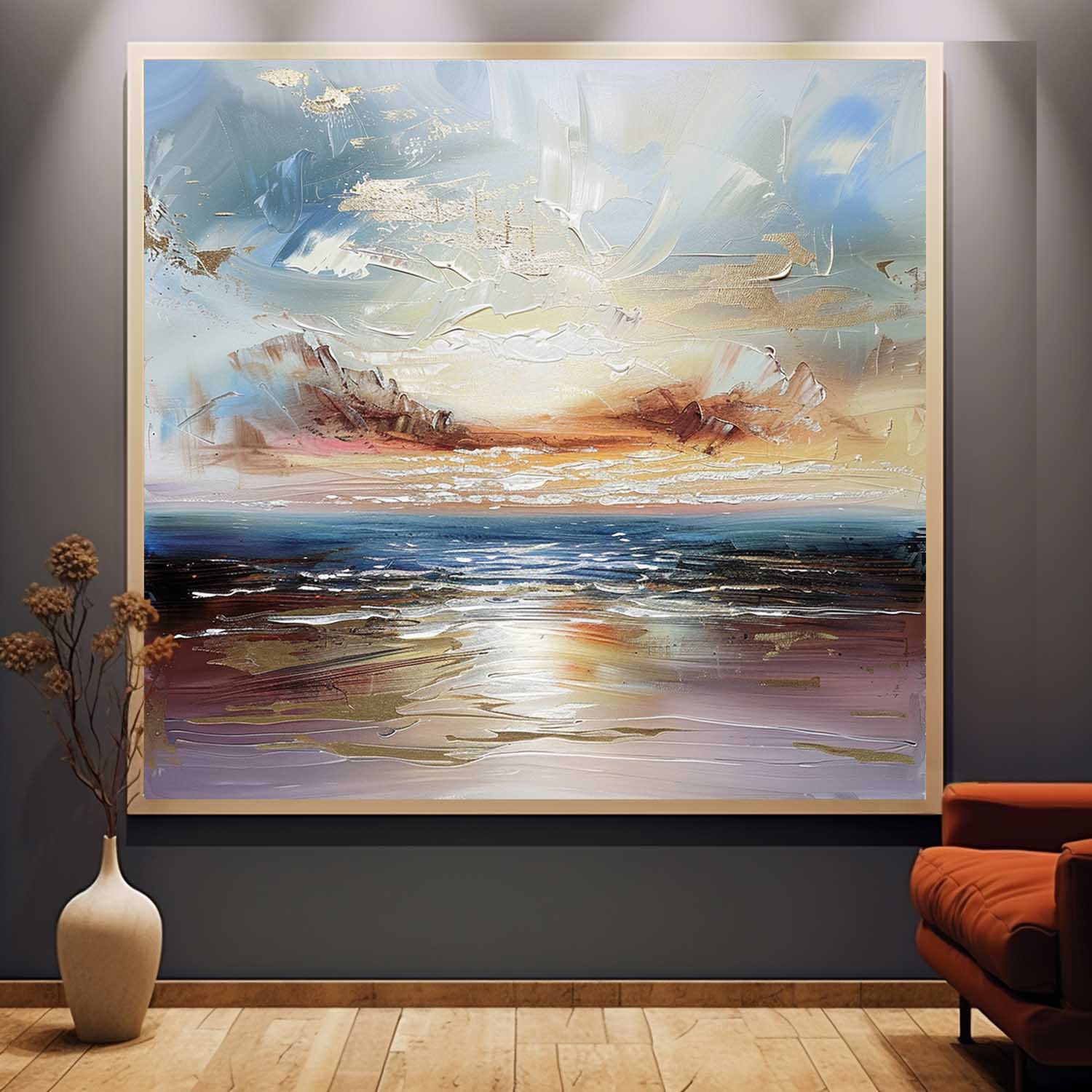 Sea Sunrise Landscape Art For Sale Blue and Gold Sea Sunrise Landscape Abstract Canvas Wall Painting