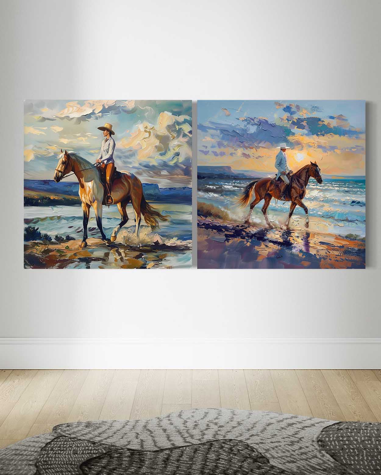 Seaside Horse Riding Canvas Wall Painting Decoration 2-Piece Set Colorful Equestrian Strolling Canvas Art