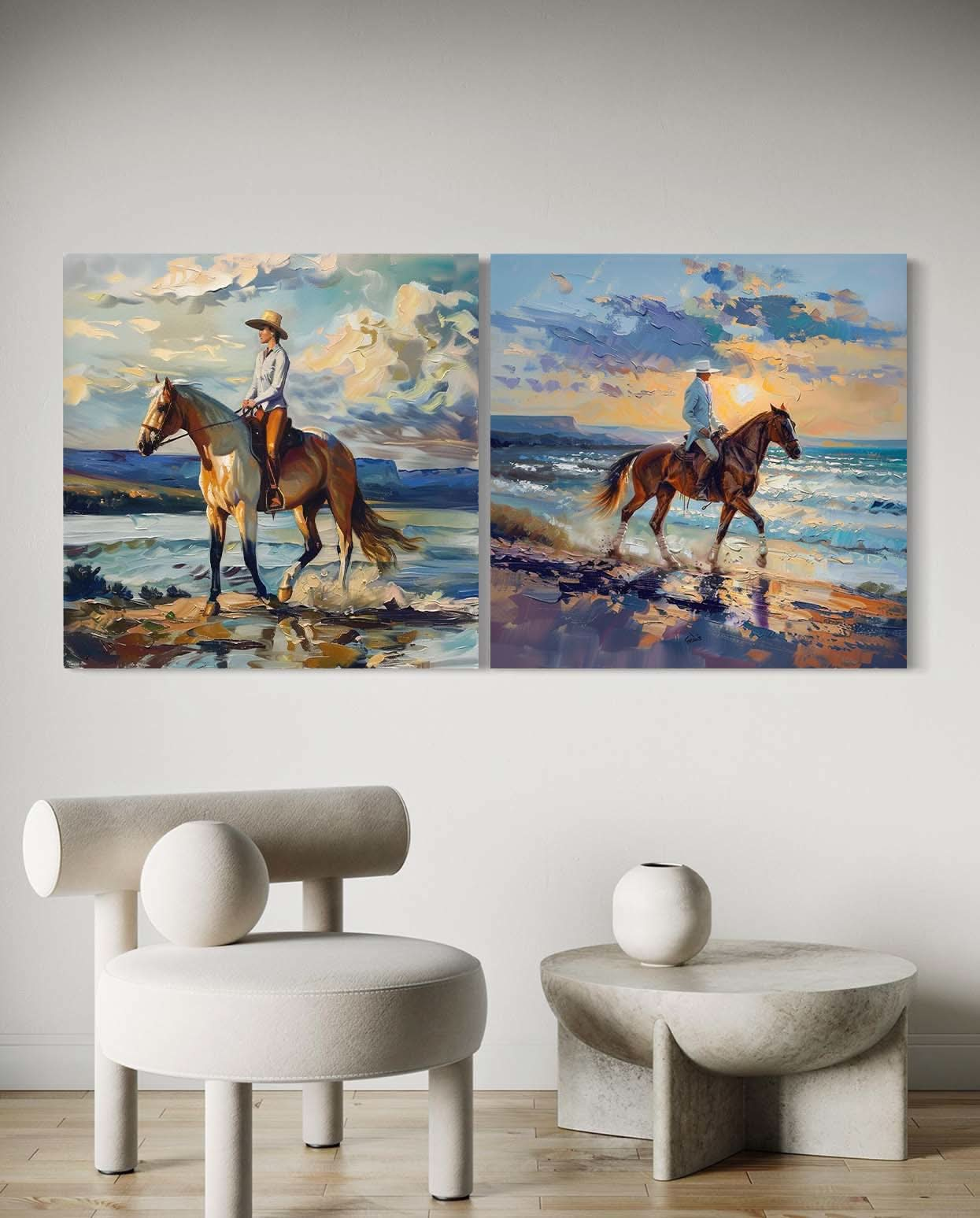 Seaside Horse Riding Canvas Wall Painting Decoration 2-Piece Set Colorful Equestrian Strolling Canvas Art