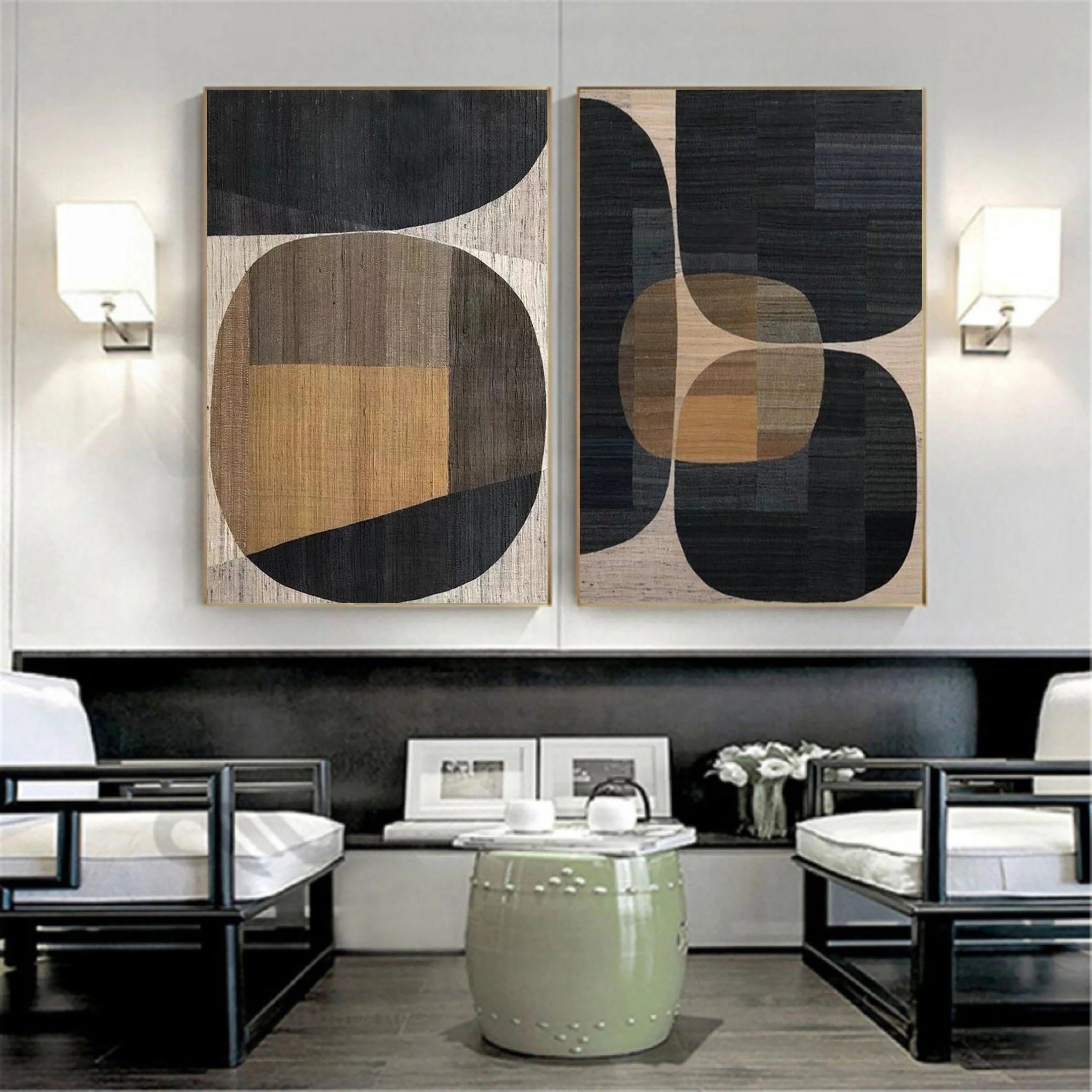 Geometric Wabi Sabi Abstract Wall Decor Painting Black Brown Artwork Set of 2