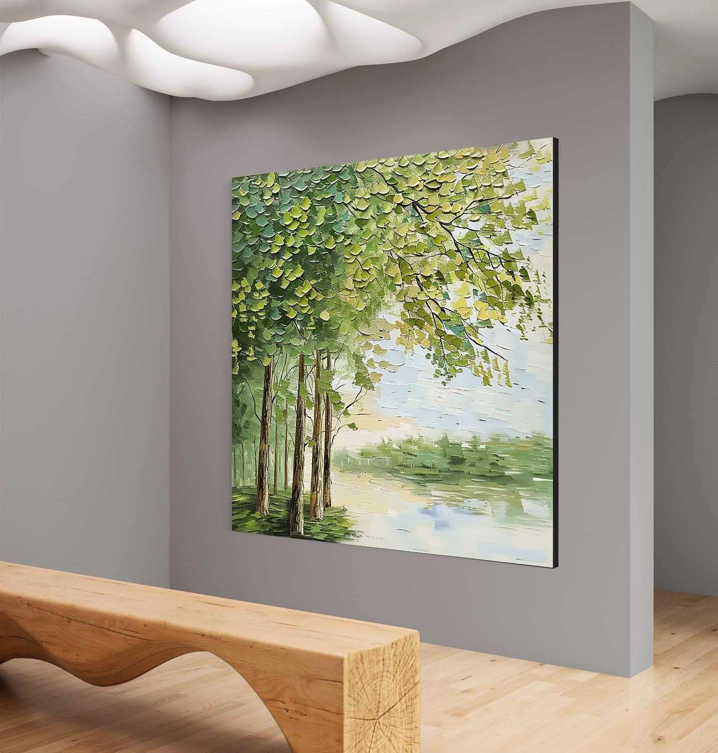 Lakeside Green Trees Texture Painting Lakeside Green Trees Modern Canvas Wall Art Decoration