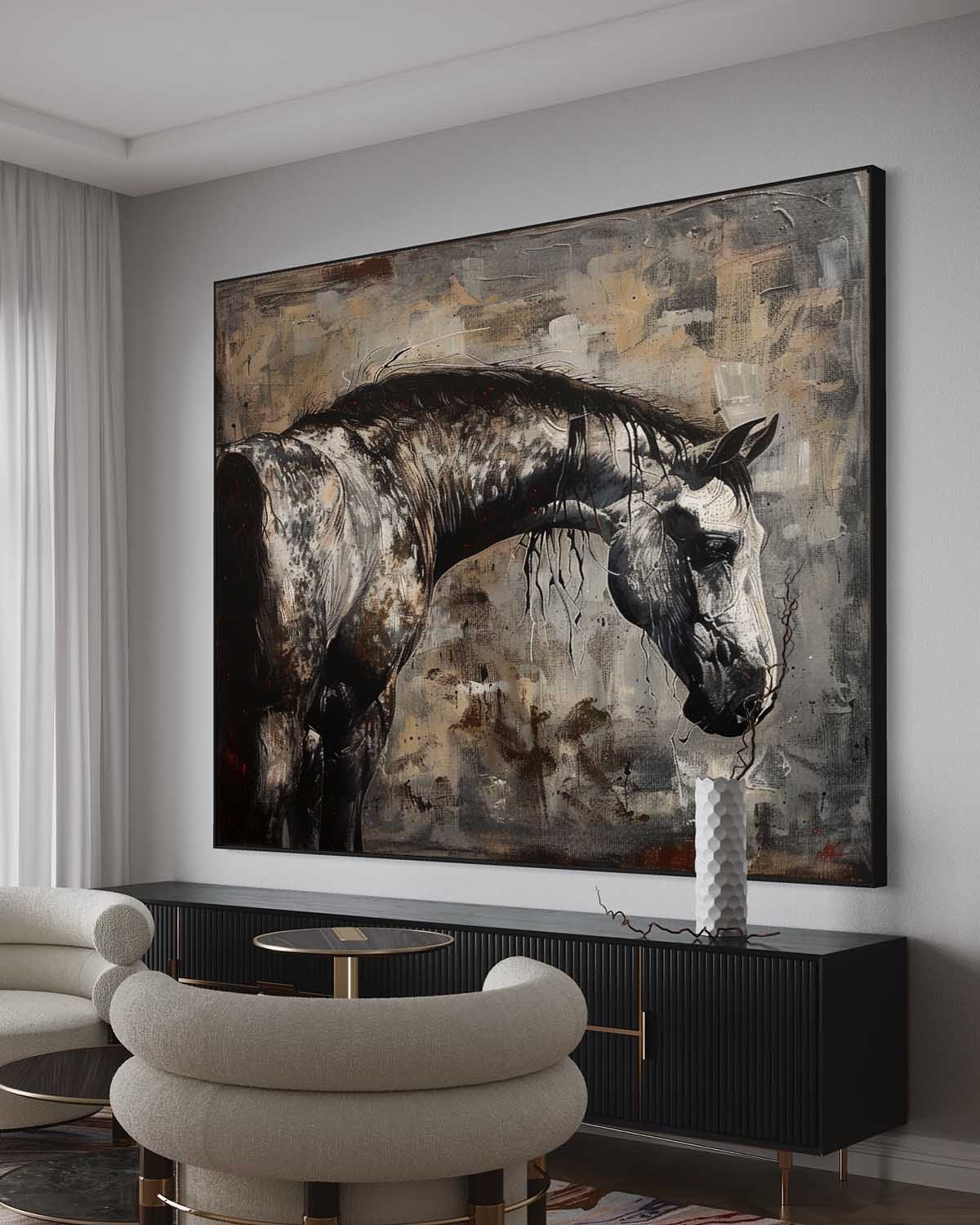 Wabi Sabi Style Horse Canvas Wall Art Decoration Black Horse Canvas Art for Sale Black Horse Wall Hanging Painting