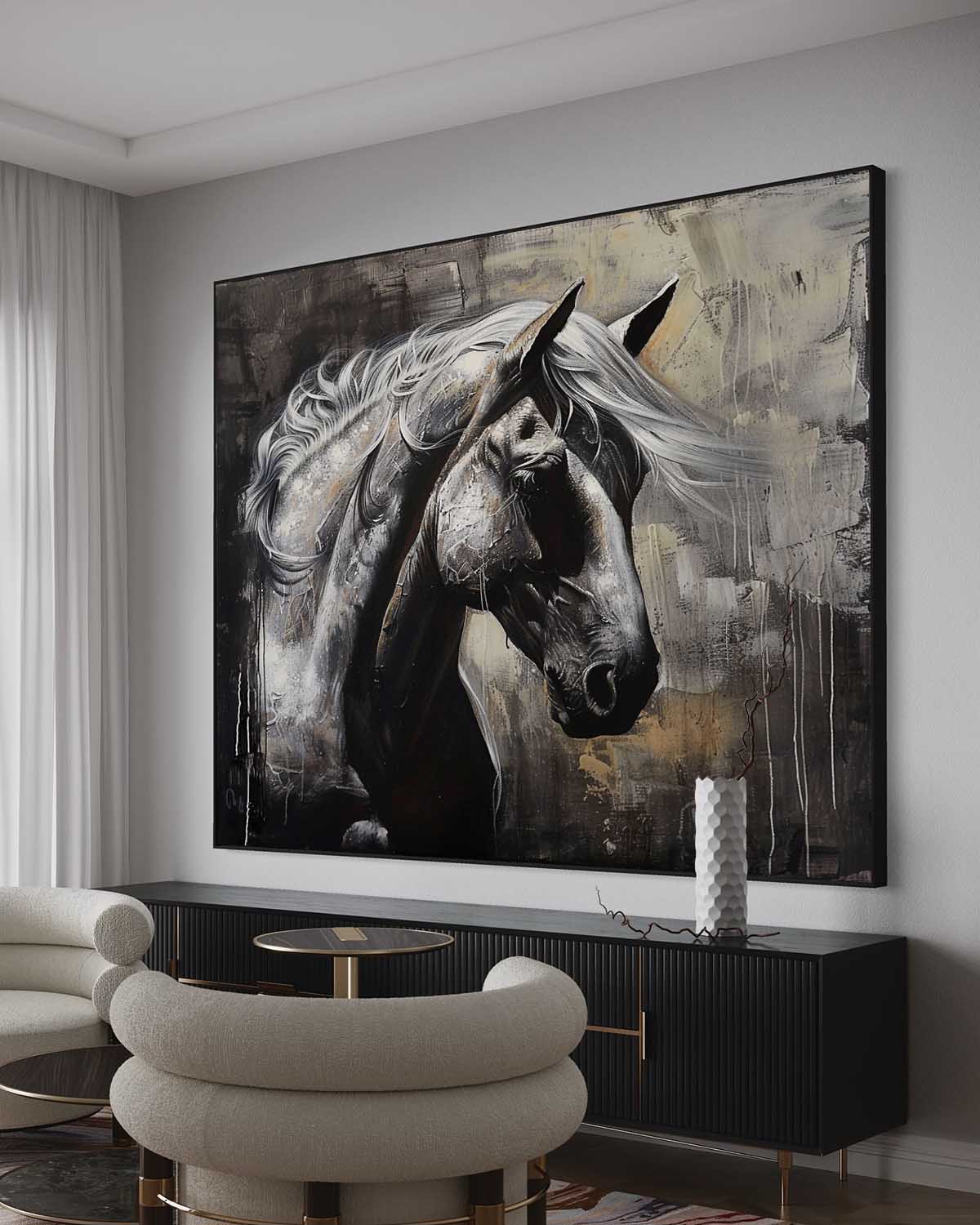 Large Wabi Sabi Horse Canvas Wall Art Decor Black Horse Canvas Art Modern Horse Wall Hanging