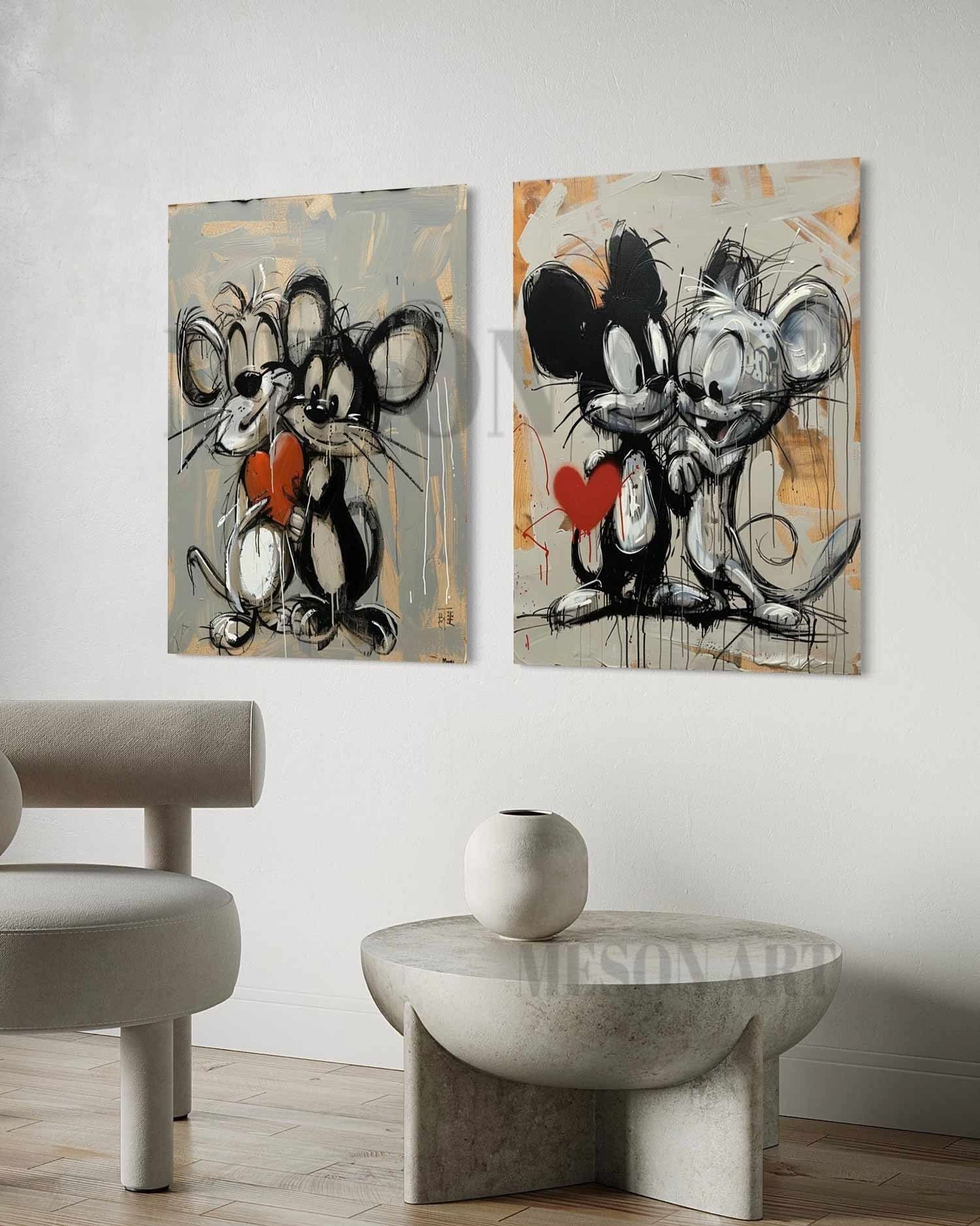 Mickey Mouse Graffiti Canvas Art Set of 2 Mickey Mouse Wall Art Mickey Mouse Graffiti Cartoon Painting Set of 2