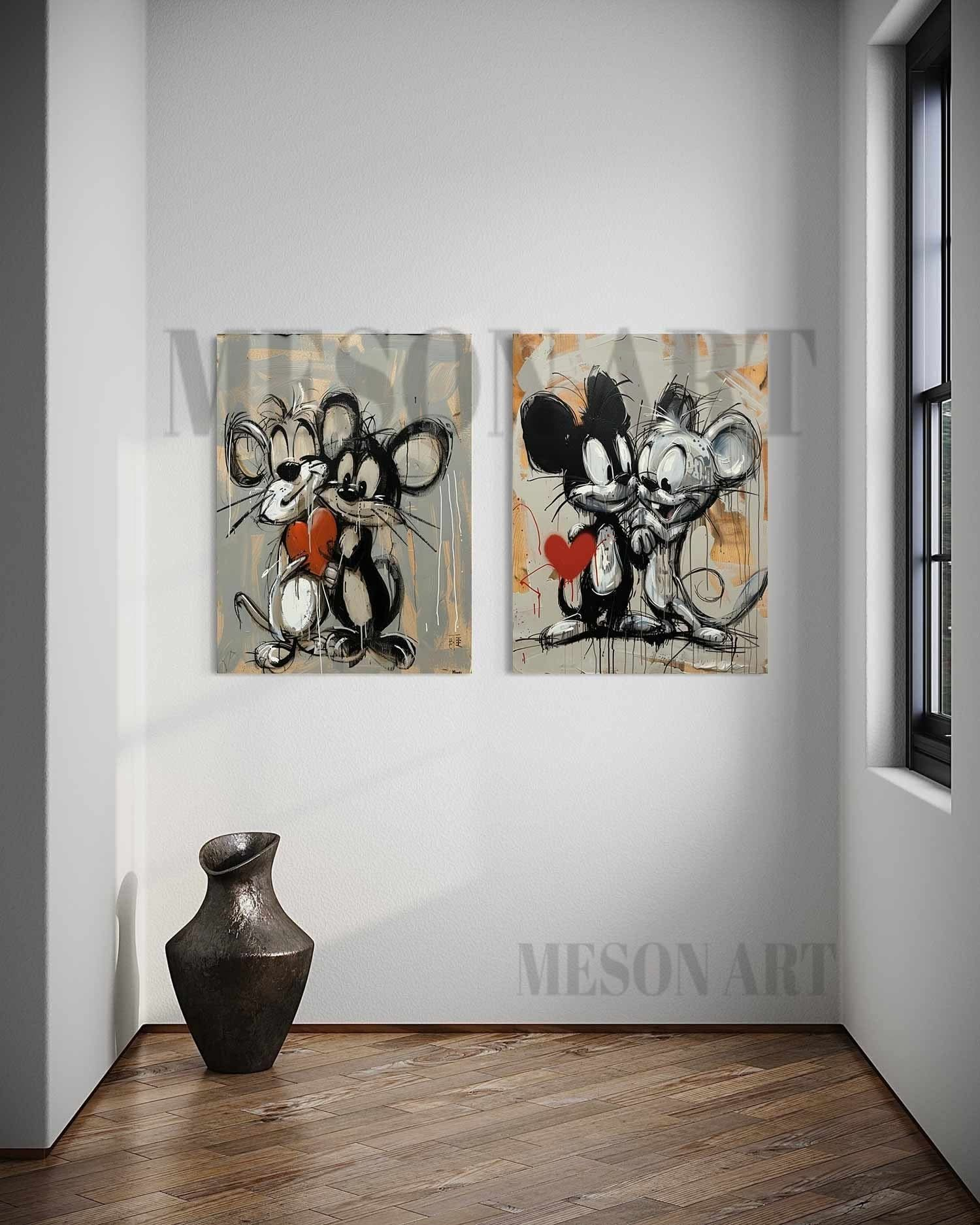 Mickey Mouse Graffiti Canvas Art Set of 2 Mickey Mouse Wall Art Mickey Mouse Graffiti Cartoon Painting Set of 2