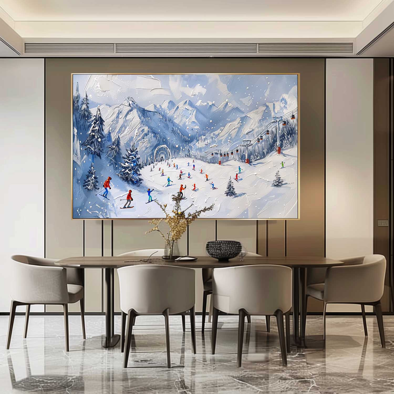 Large 3D Ski Resort Skier Texture Painting for Sale White Snow Mountain Ski Resort Skier Canvas Wall Art Decor