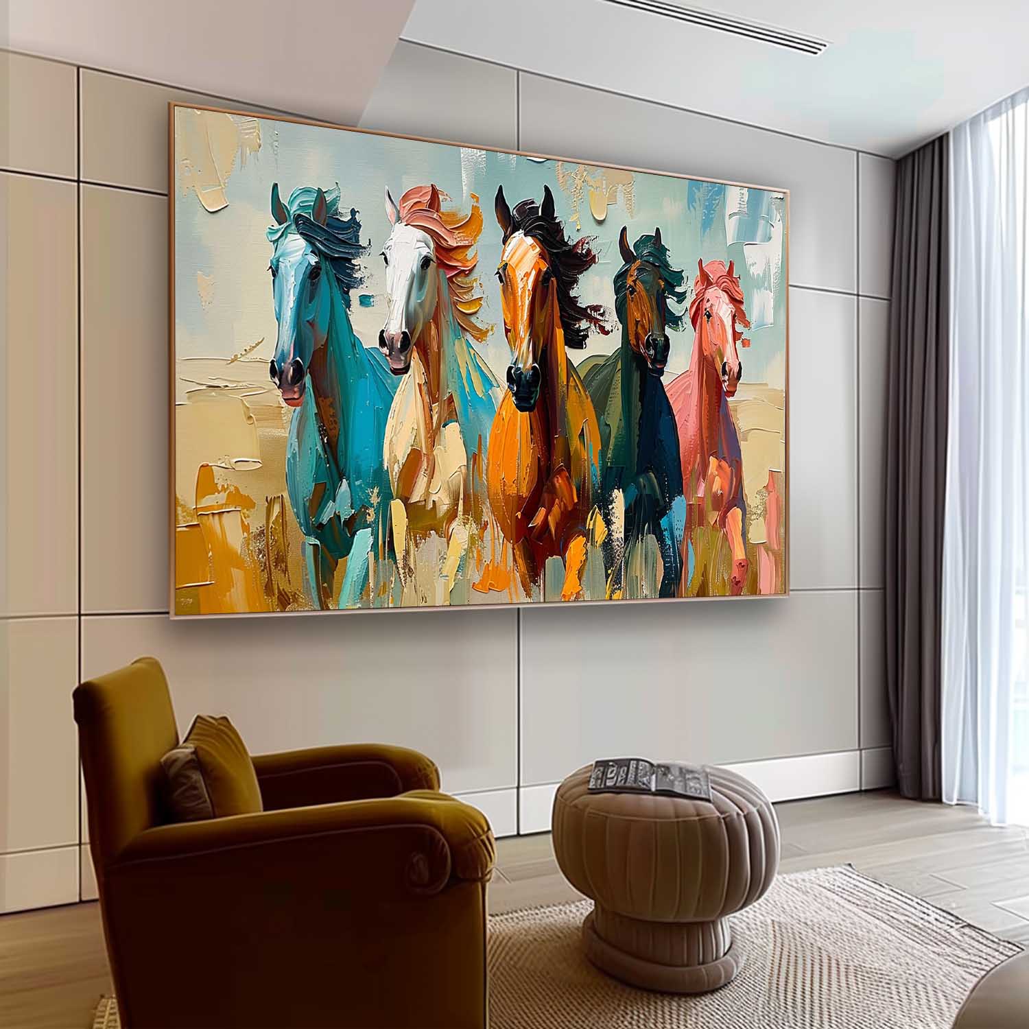 Large Colorful Running Horses Oil Painting for Sale Modern Colorful Horses Canvas Wall Art Decor