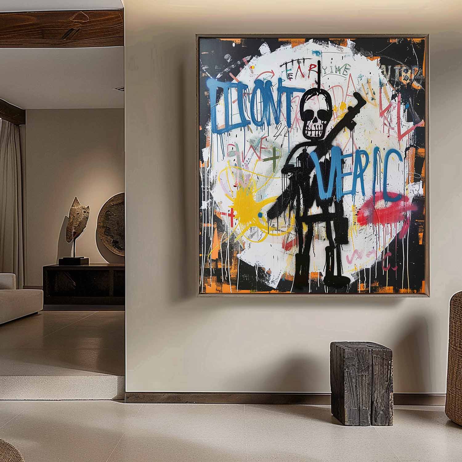 Basquiat Abstract Art Cool Skeleton Graffiti Abstract Art Fun Graffiti Canvas Wall Art for Sale