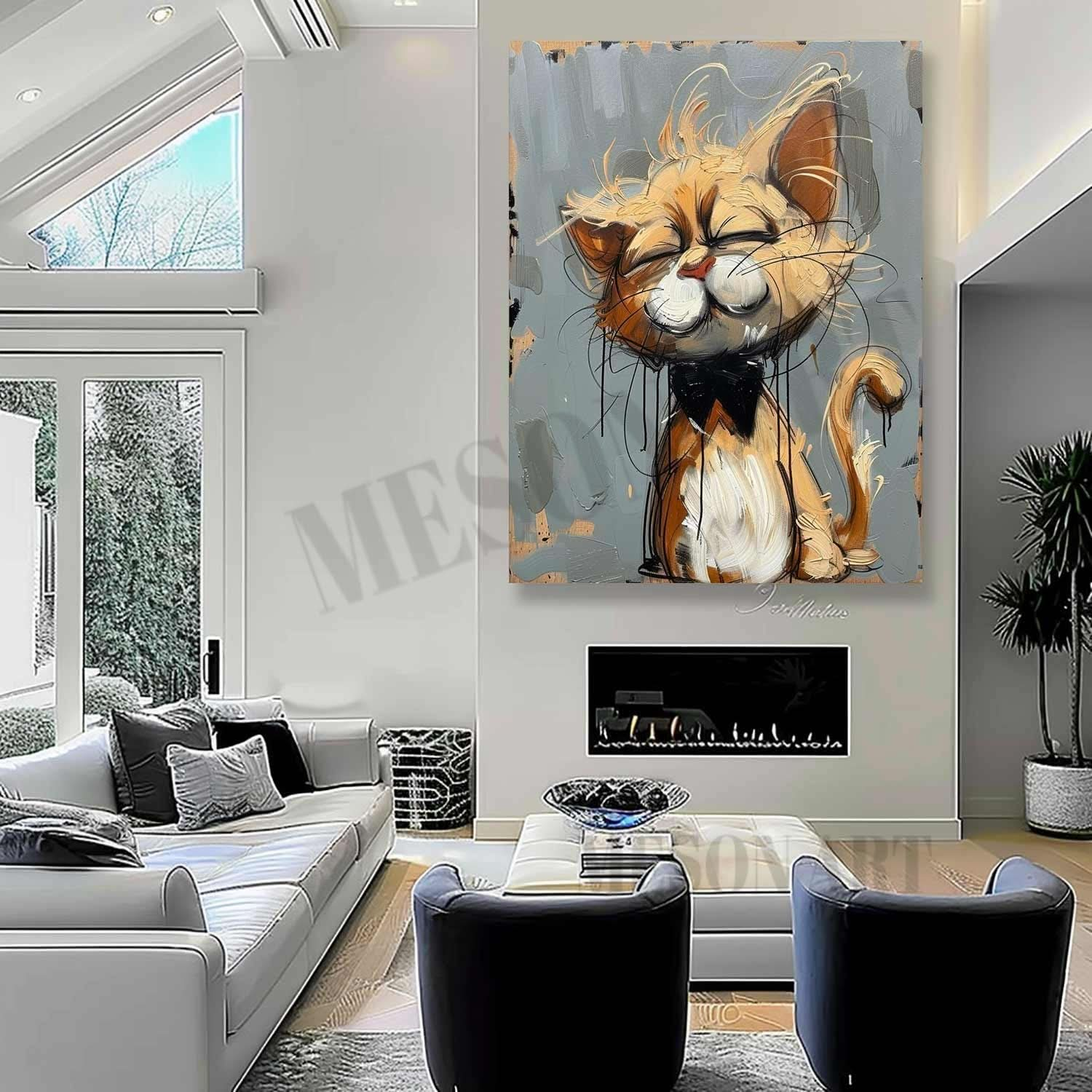 Garfield Doodle Canvas Art Beige and Yellow Cat Wall Art Garfield Doodle Cartoon Painting