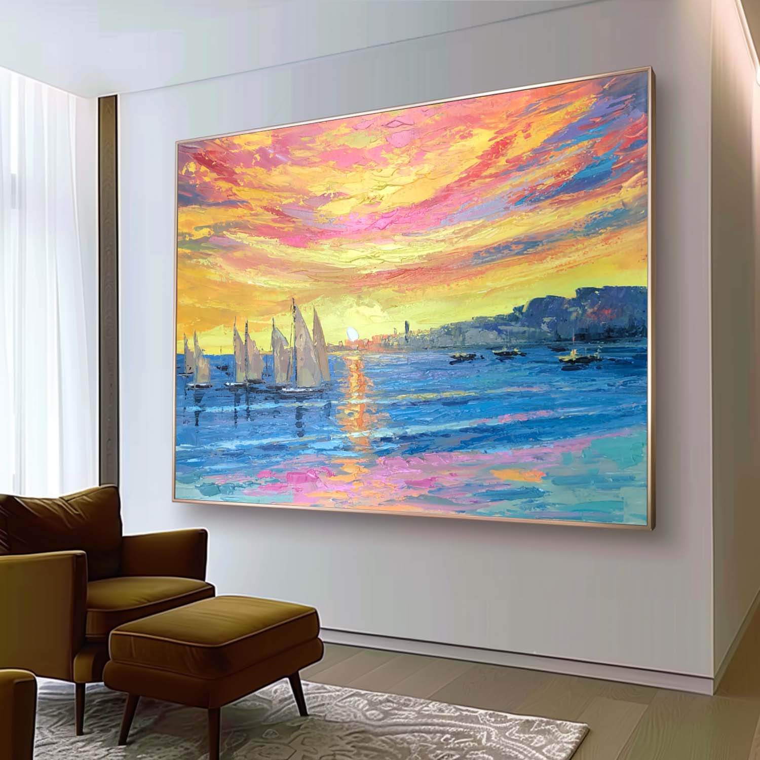 Sailing Boat Under Colorful Sunset Oil Painting Sailing Boat Landscape Oil Painting Sailing Boat Canvas Wall Art