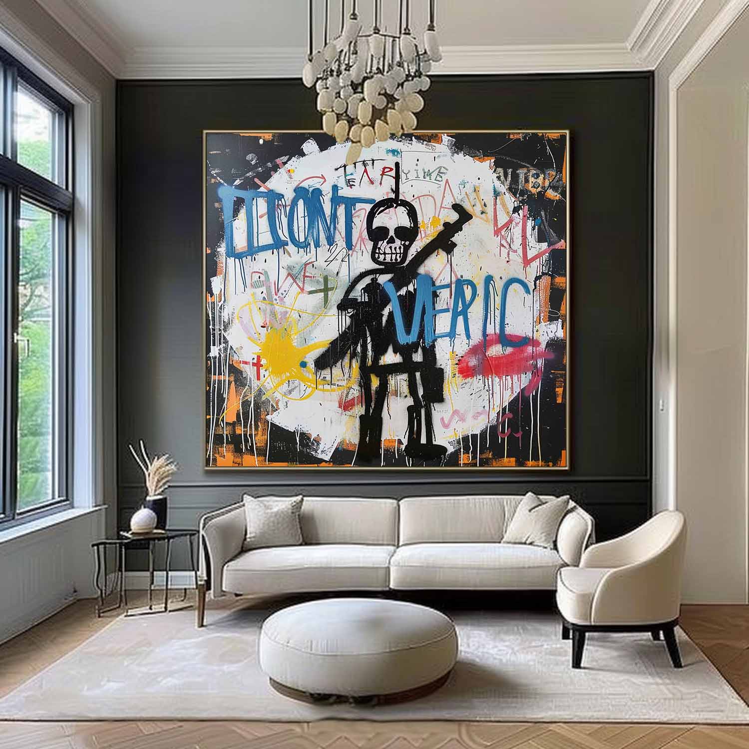 Basquiat Abstract Art Cool Skeleton Graffiti Abstract Art Fun Graffiti Canvas Wall Art for Sale