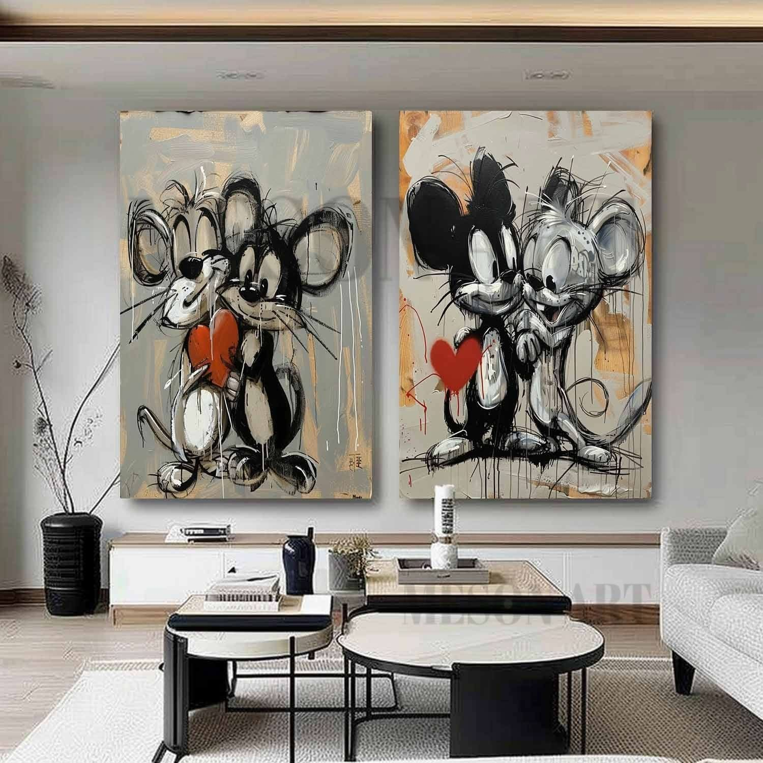 Mickey Mouse Graffiti Canvas Art Set of 2 Mickey Mouse Wall Art Mickey Mouse Graffiti Cartoon Painting Set of 2