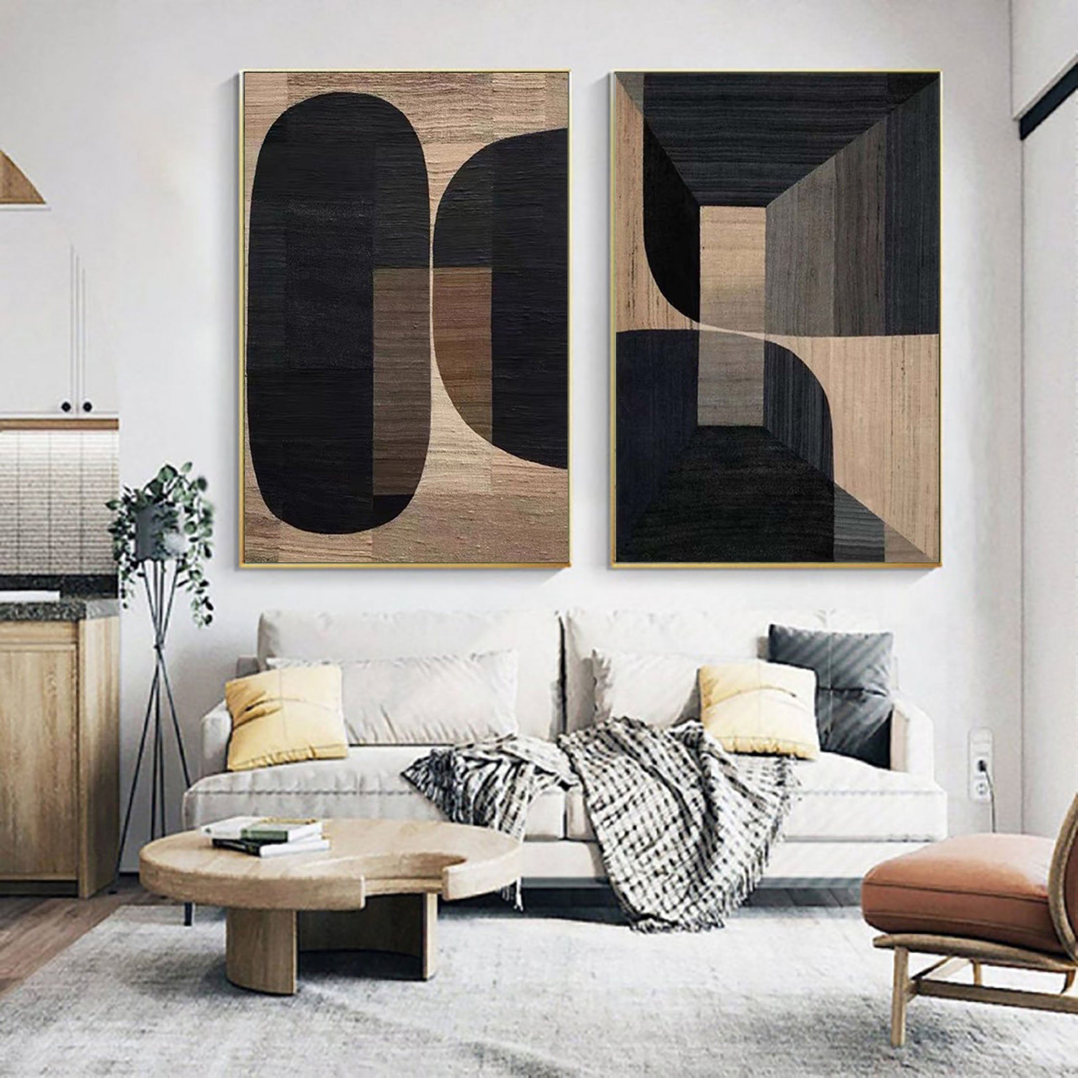 Geometric Wabi Sabi Black Brown Abstract Painting on Canvas for Living Room