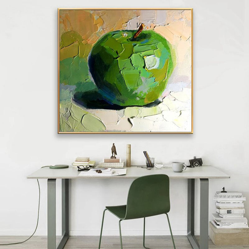 The Green Apple - Textured Oil Painting, Abstract Fruit Wall Art, Vibrant Kitchen Decor