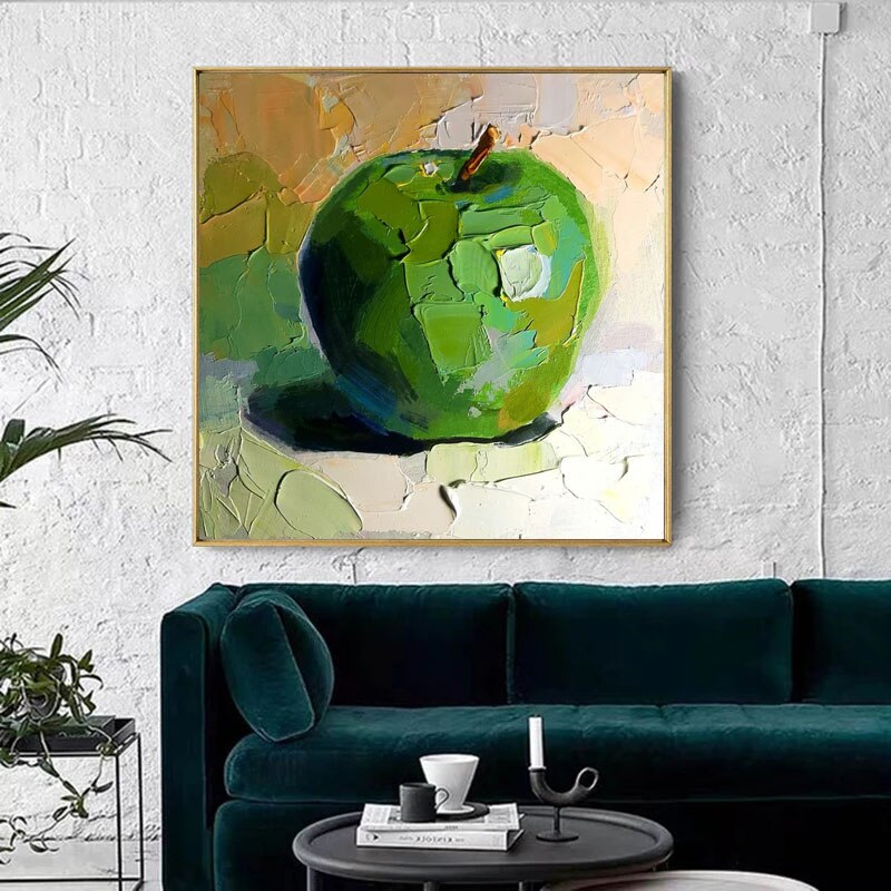 The Green Apple - Textured Oil Painting, Abstract Fruit Wall Art, Vibrant Kitchen Decor